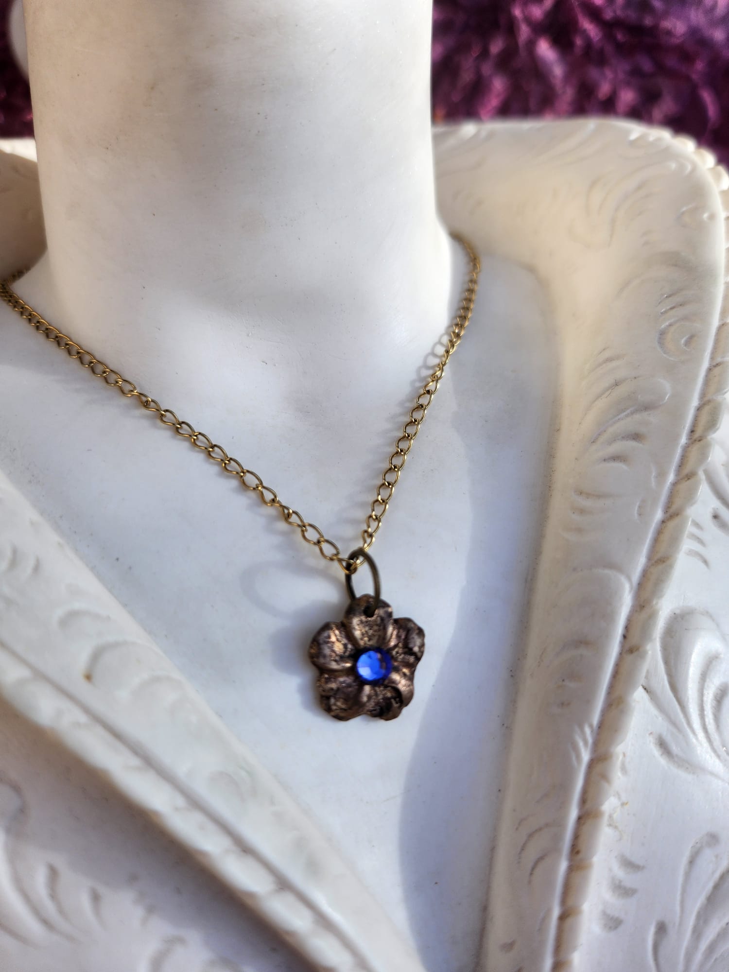Flower Pendant Necklace – Bronze Cherry Blossom with Tanzanite Crystal – Handmade Fairycore Jewelry – Romantic Gift for Her