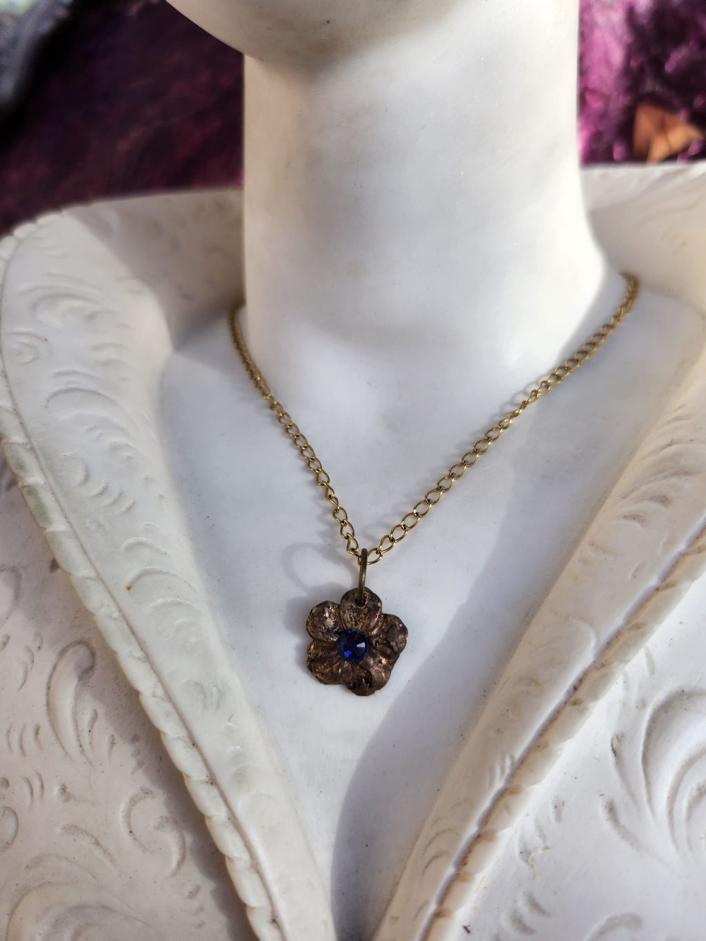 Flower Pendant Necklace – Bronze Cherry Blossom with Tanzanite Crystal – Handmade Fairycore Jewelry – Romantic Gift for Her