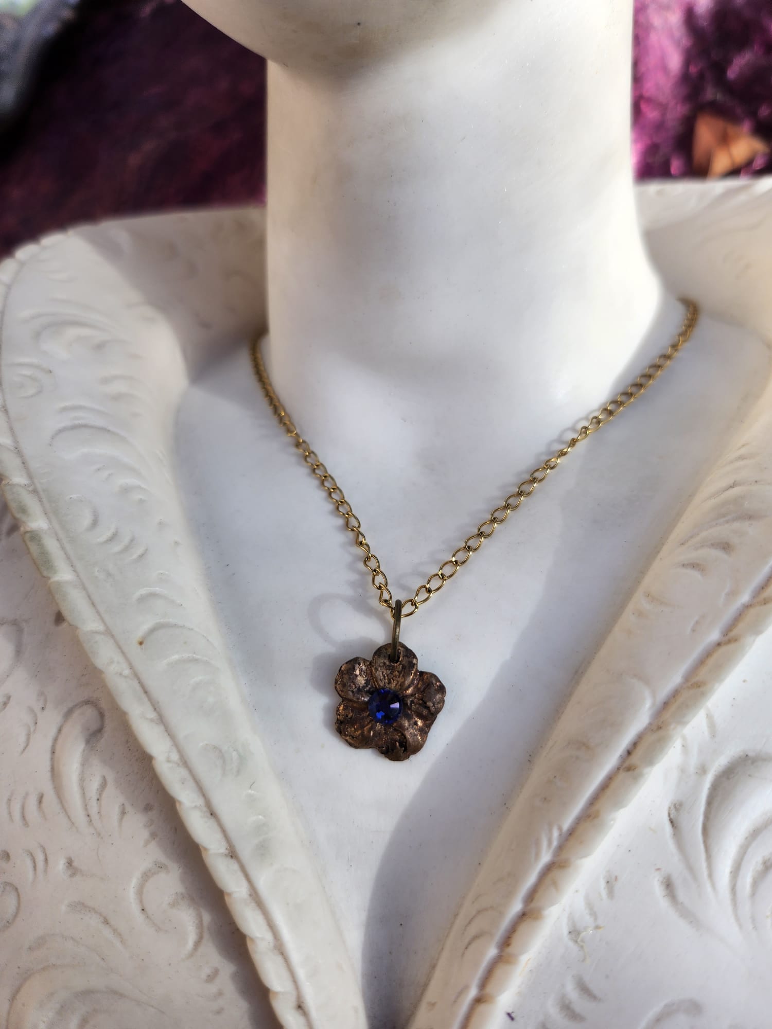 Flower Pendant Necklace – Bronze Cherry Blossom with Tanzanite Crystal – Handmade Fairycore Jewelry – Romantic Gift for Her