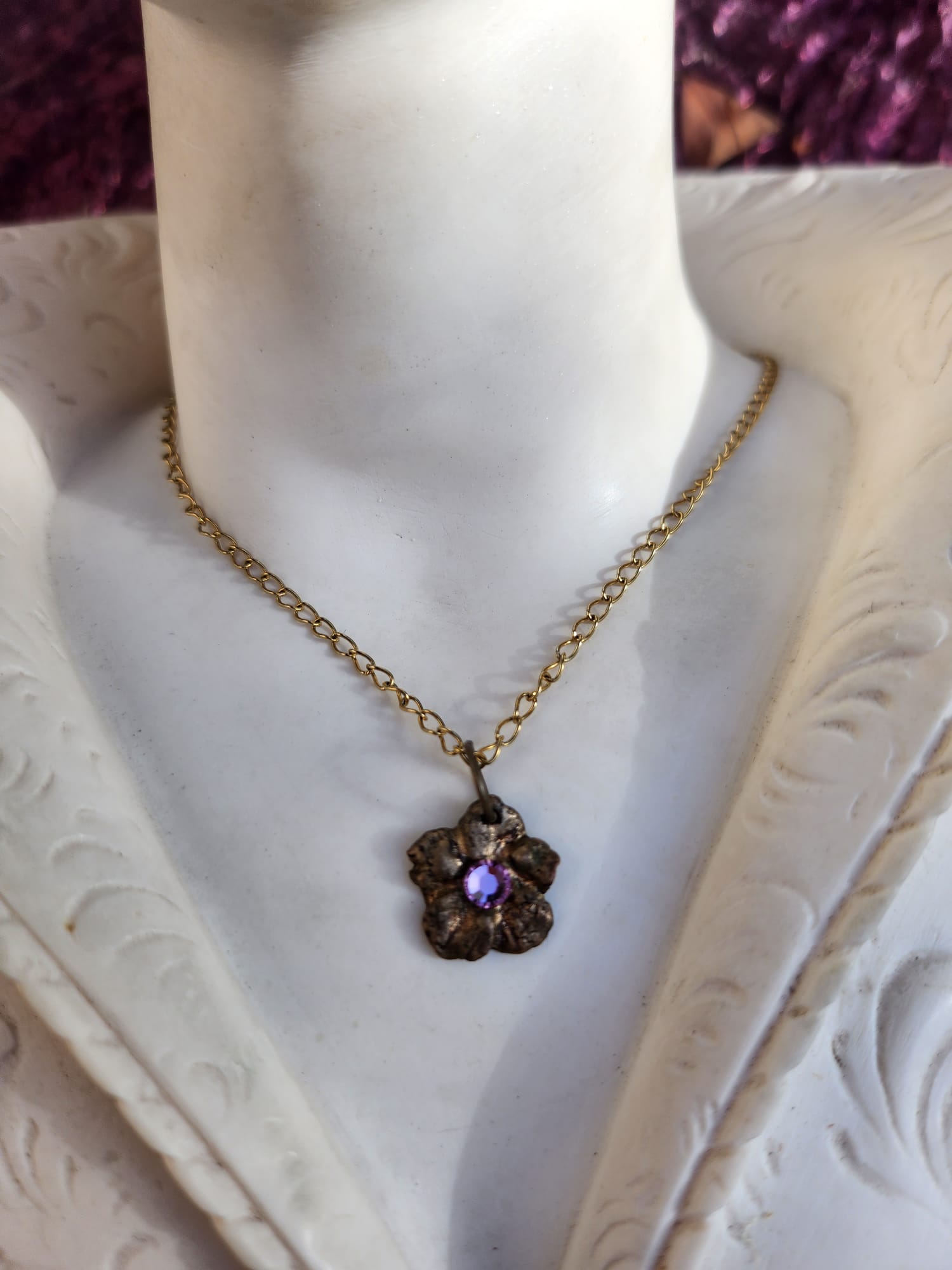 Flower Pendant Necklace – Bronze Cherry Blossom with Light Pink Crystal – Romantic Nature Jewelry – Handmade Gift for Her