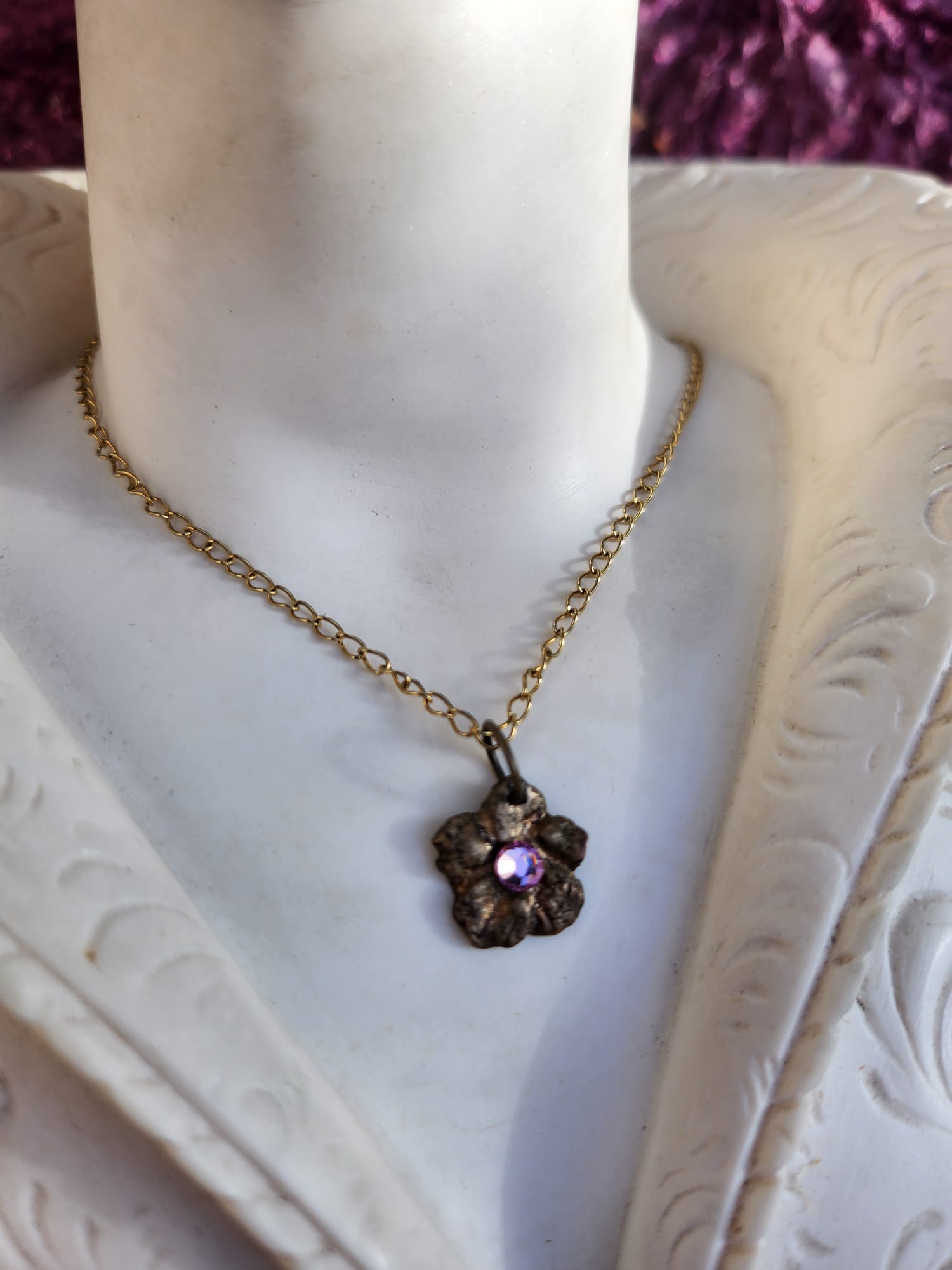 Flower Pendant Necklace – Bronze Cherry Blossom with Light Pink Crystal – Romantic Nature Jewelry – Handmade Gift for Her