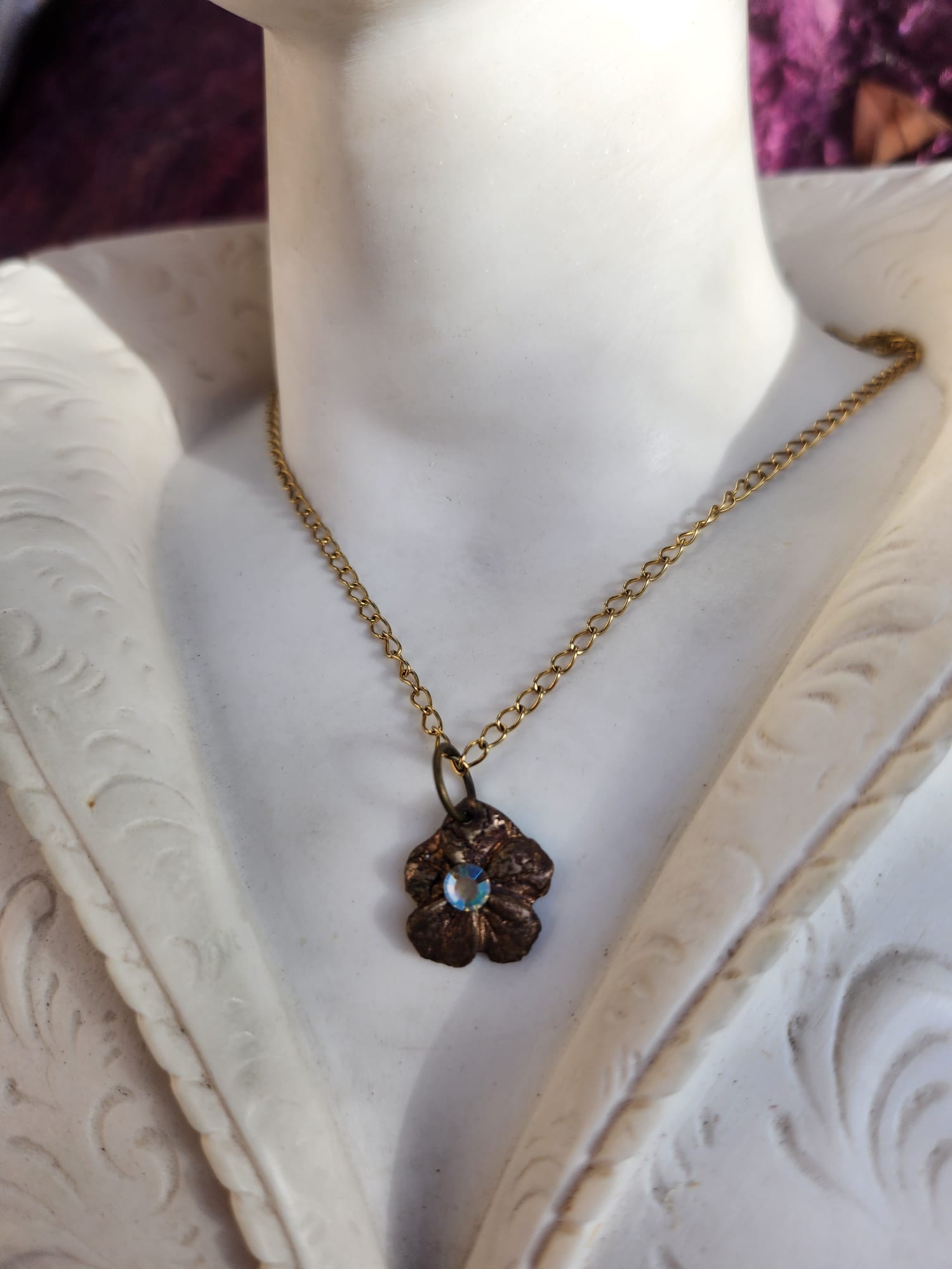 Pendant Necklace – Bronze Cherry Blossom with Yellow Opal Crystal – Romantic Nature Jewelry – Handmade Gift for Her