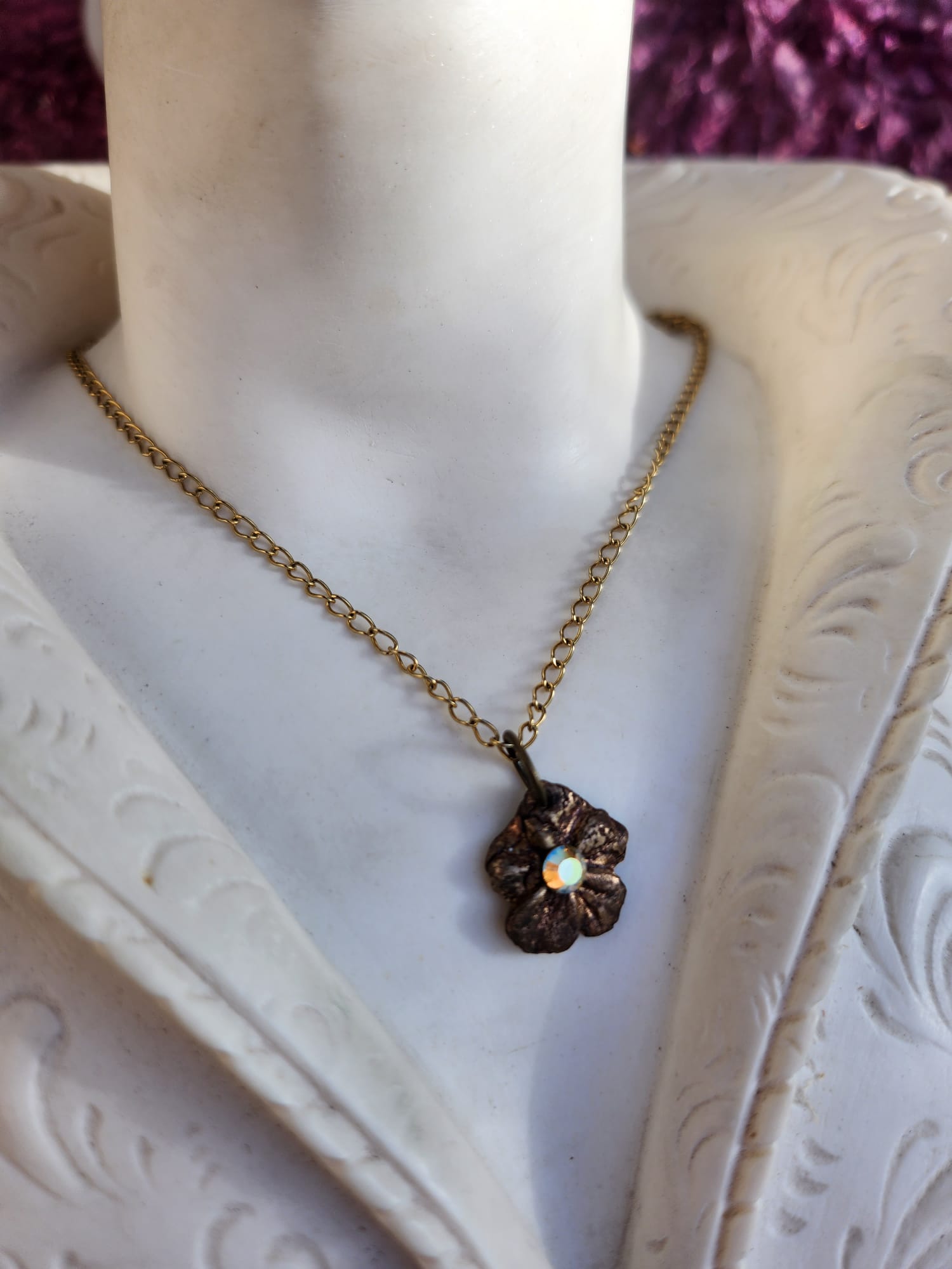 Pendant Necklace – Bronze Cherry Blossom with Yellow Opal Crystal – Romantic Nature Jewelry – Handmade Gift for Her