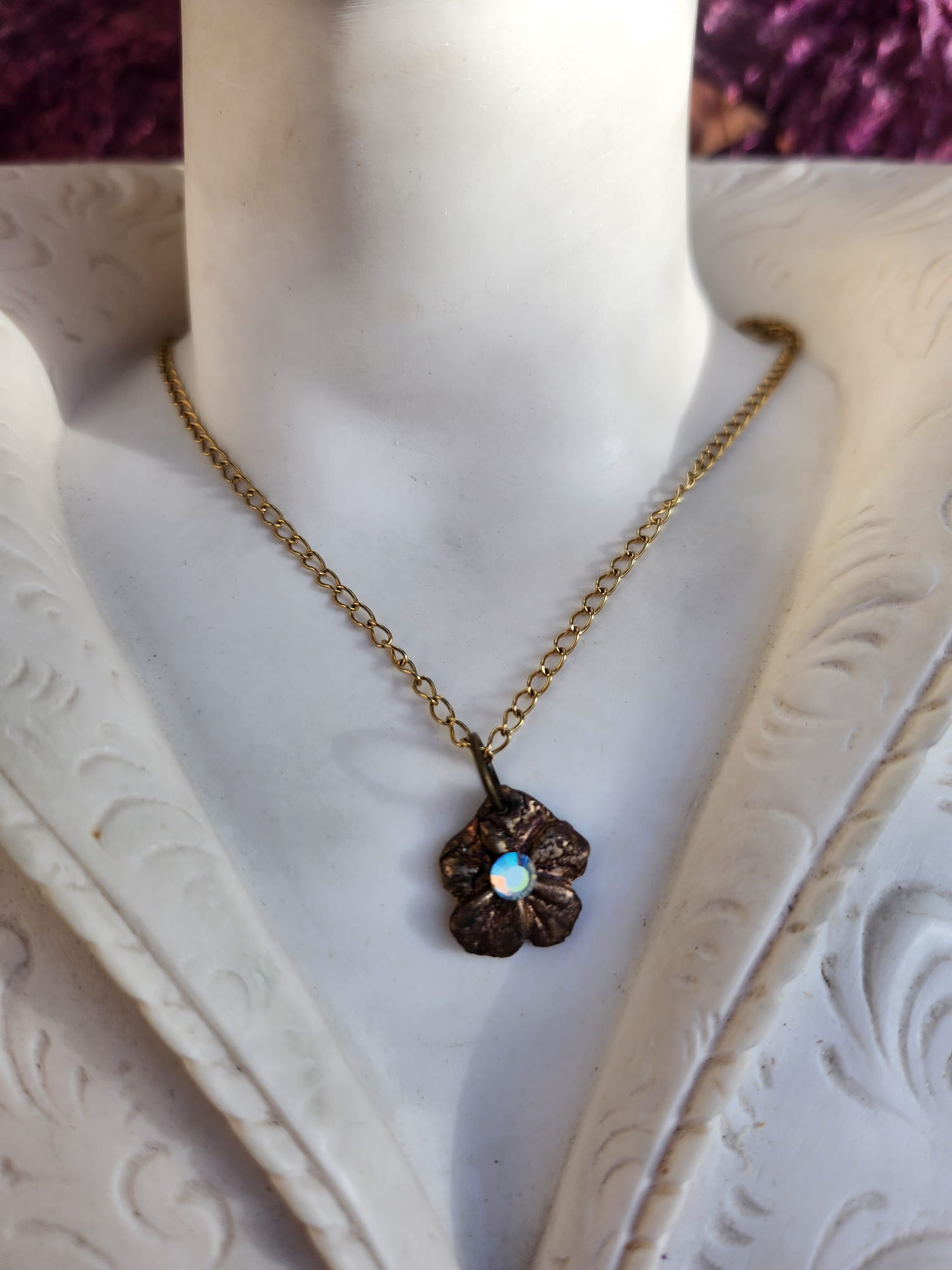 Pendant Necklace – Bronze Cherry Blossom with Yellow Opal Crystal – Romantic Nature Jewelry – Handmade Gift for Her