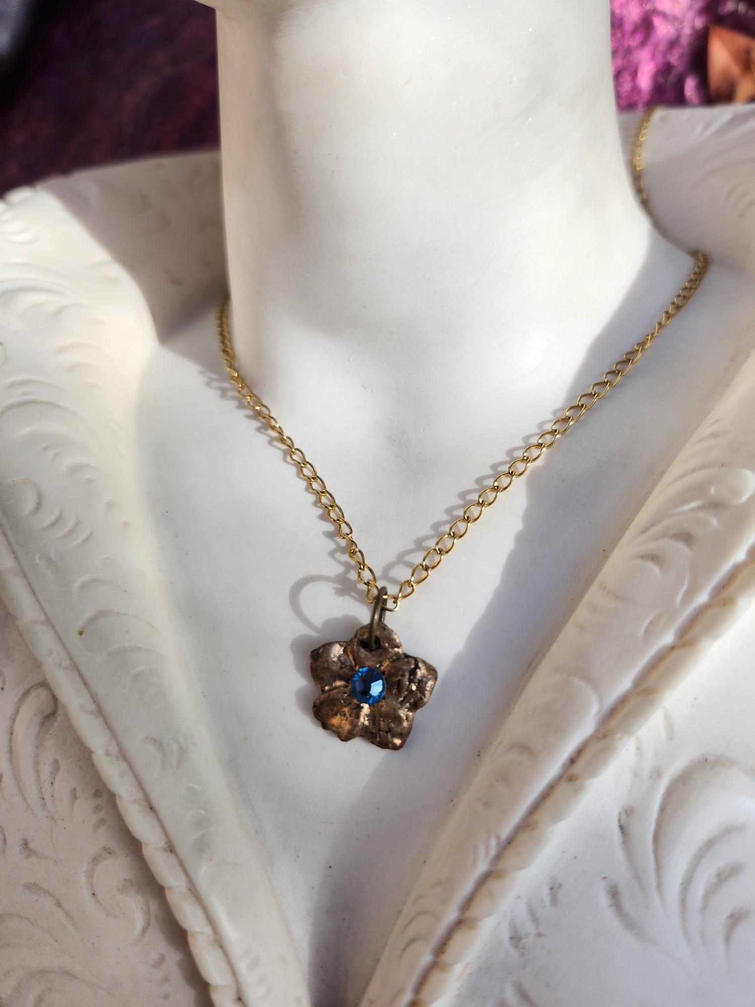 Pendant Necklace – Bronze Cherry Blossom with Light Blue Crystal – Romantic Nature Jewelry – Handmade Gift for Her