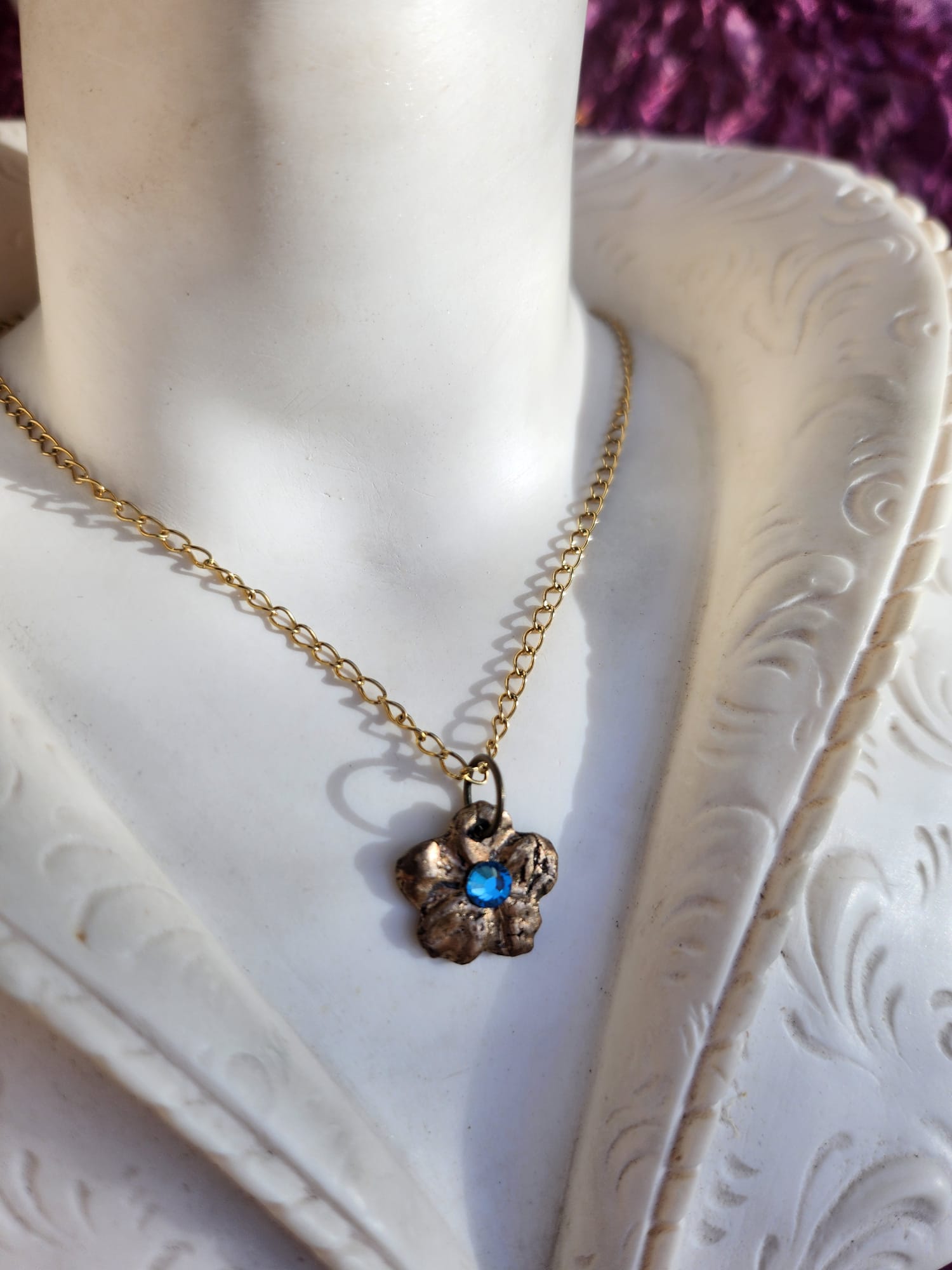 Pendant Necklace – Bronze Cherry Blossom with Light Blue Crystal – Romantic Nature Jewelry – Handmade Gift for Her