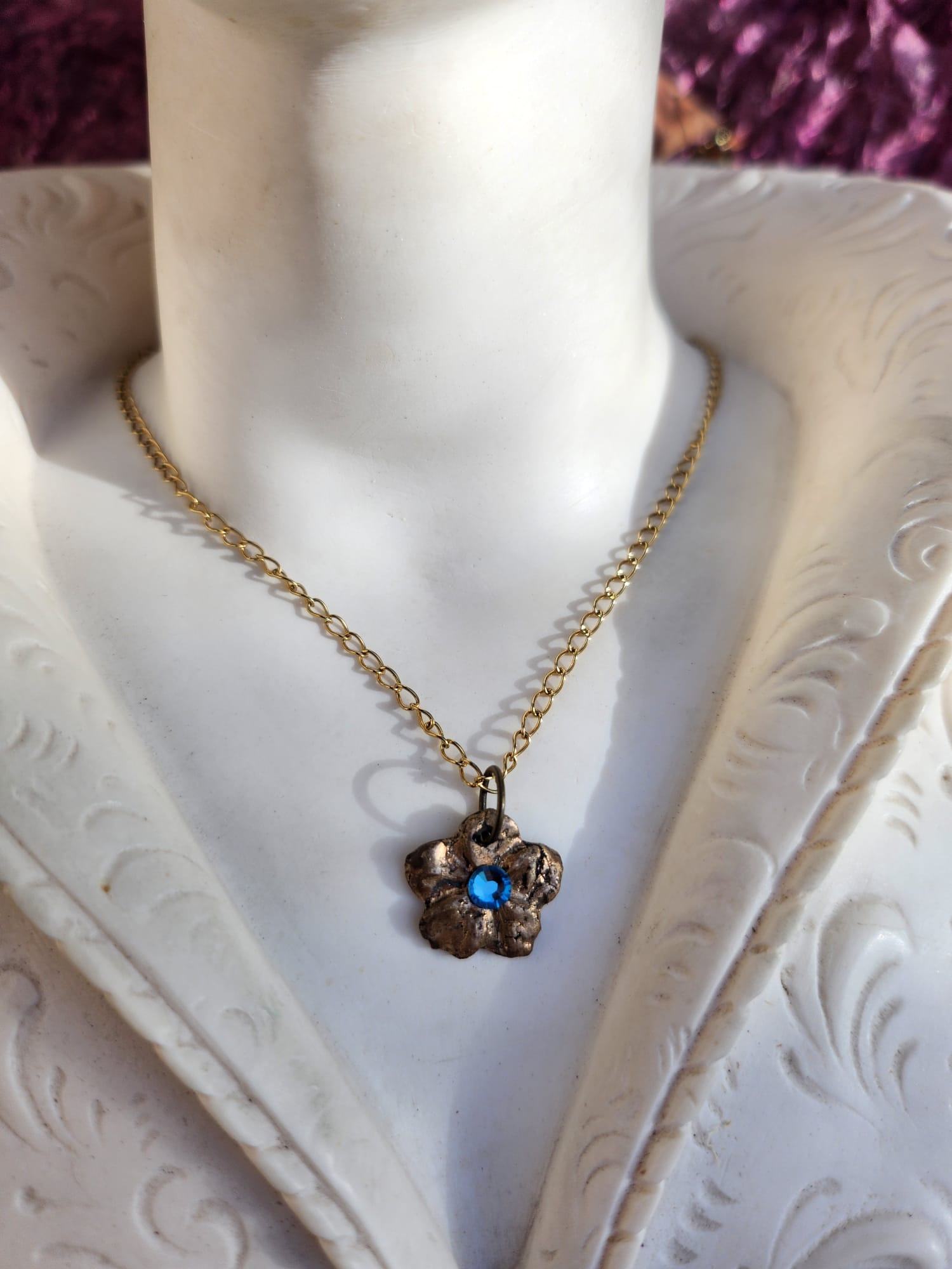 Pendant Necklace – Bronze Cherry Blossom with Light Blue Crystal – Romantic Nature Jewelry – Handmade Gift for Her