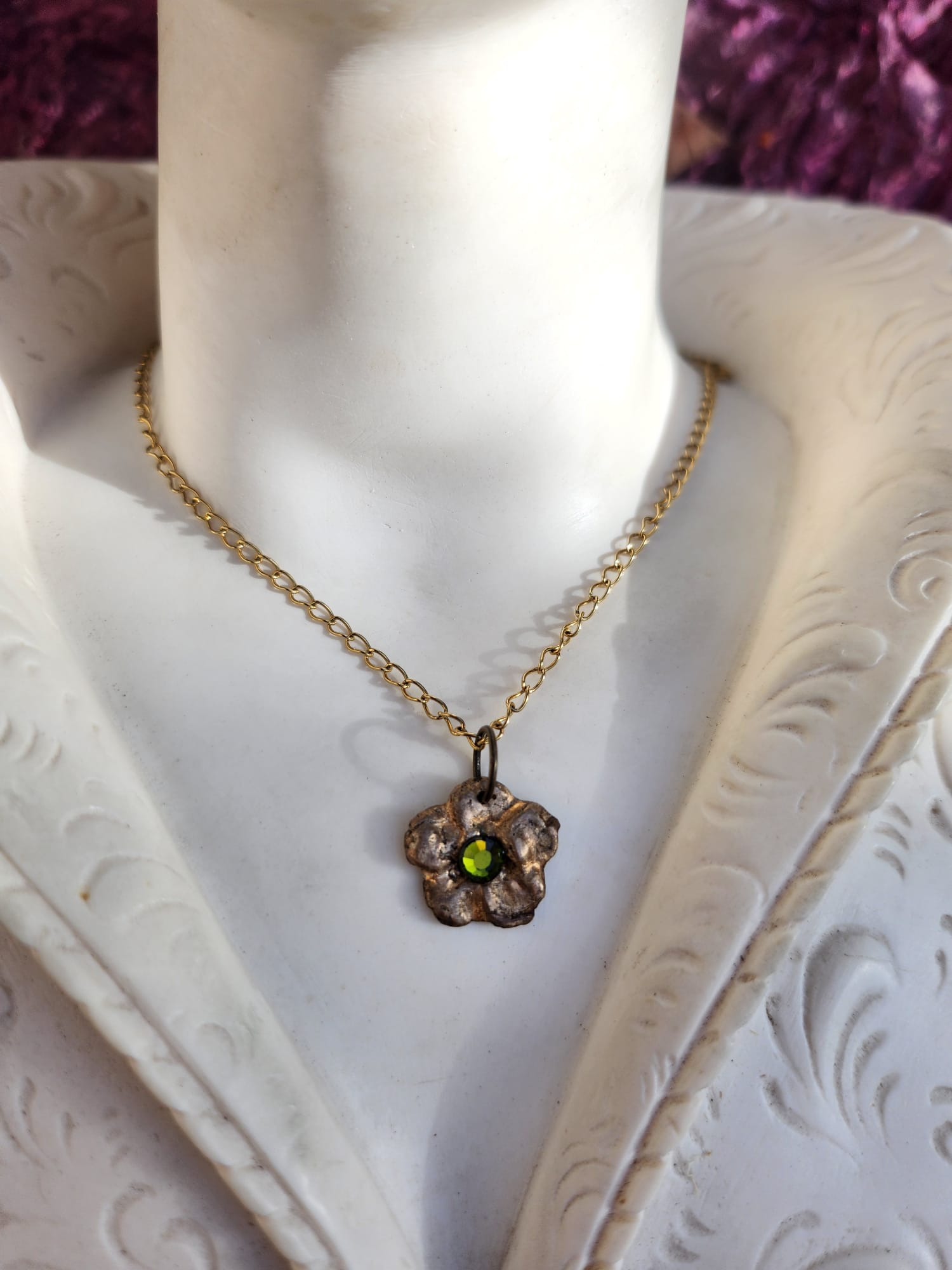 Flower Pendant Necklace – Bronze Cherry Blossom with Green Crystal – Romantic Nature Jewelry – Handmade Gift for Her
