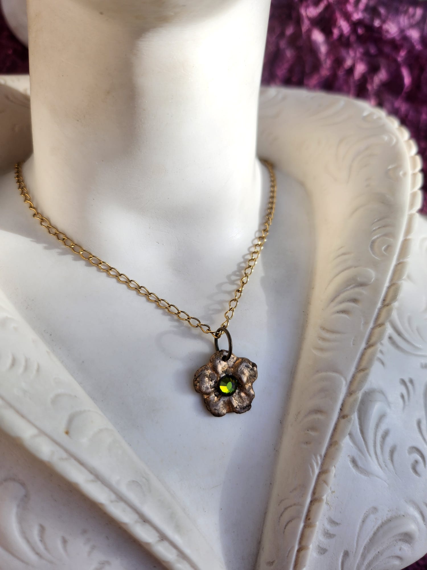 Flower Pendant Necklace – Bronze Cherry Blossom with Green Crystal – Romantic Nature Jewelry – Handmade Gift for Her