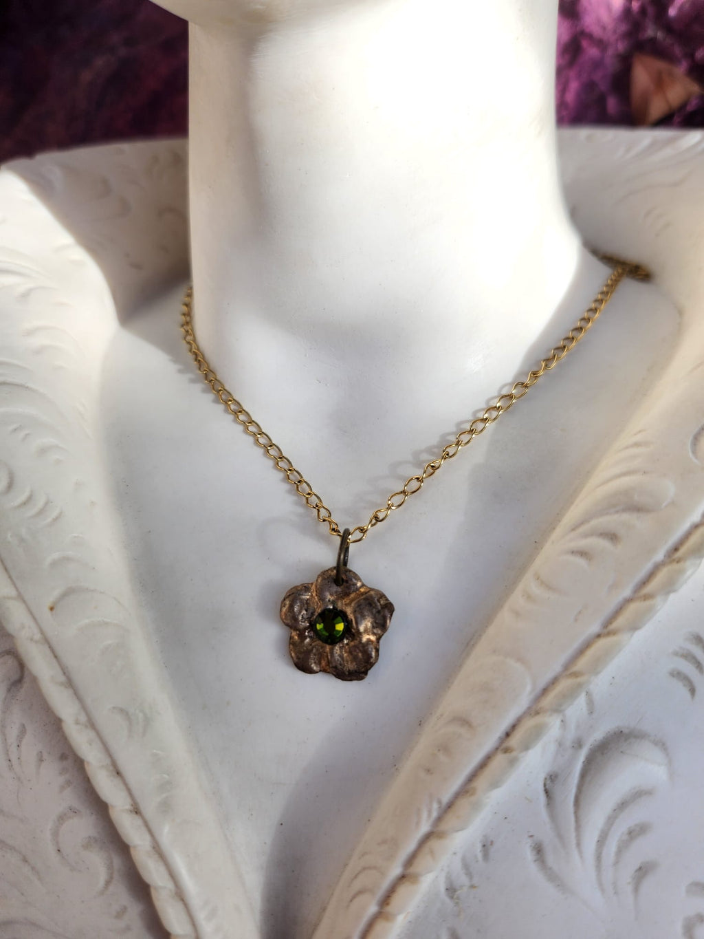 Flower Pendant Necklace – Bronze Cherry Blossom with Green Crystal – Romantic Nature Jewelry – Handmade Gift for Her