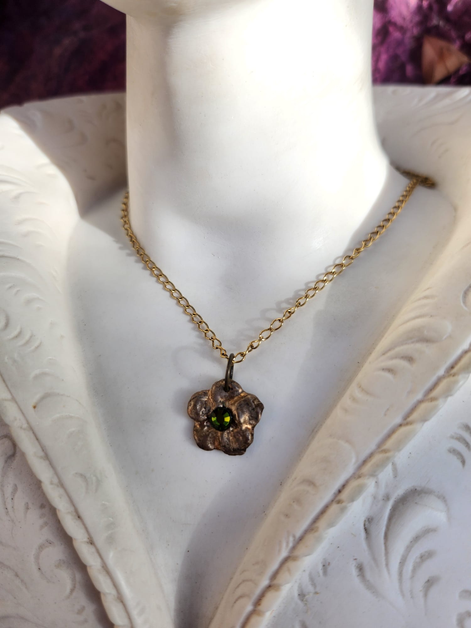 Flower Pendant Necklace – Bronze Cherry Blossom with Green Crystal – Romantic Nature Jewelry – Handmade Gift for Her