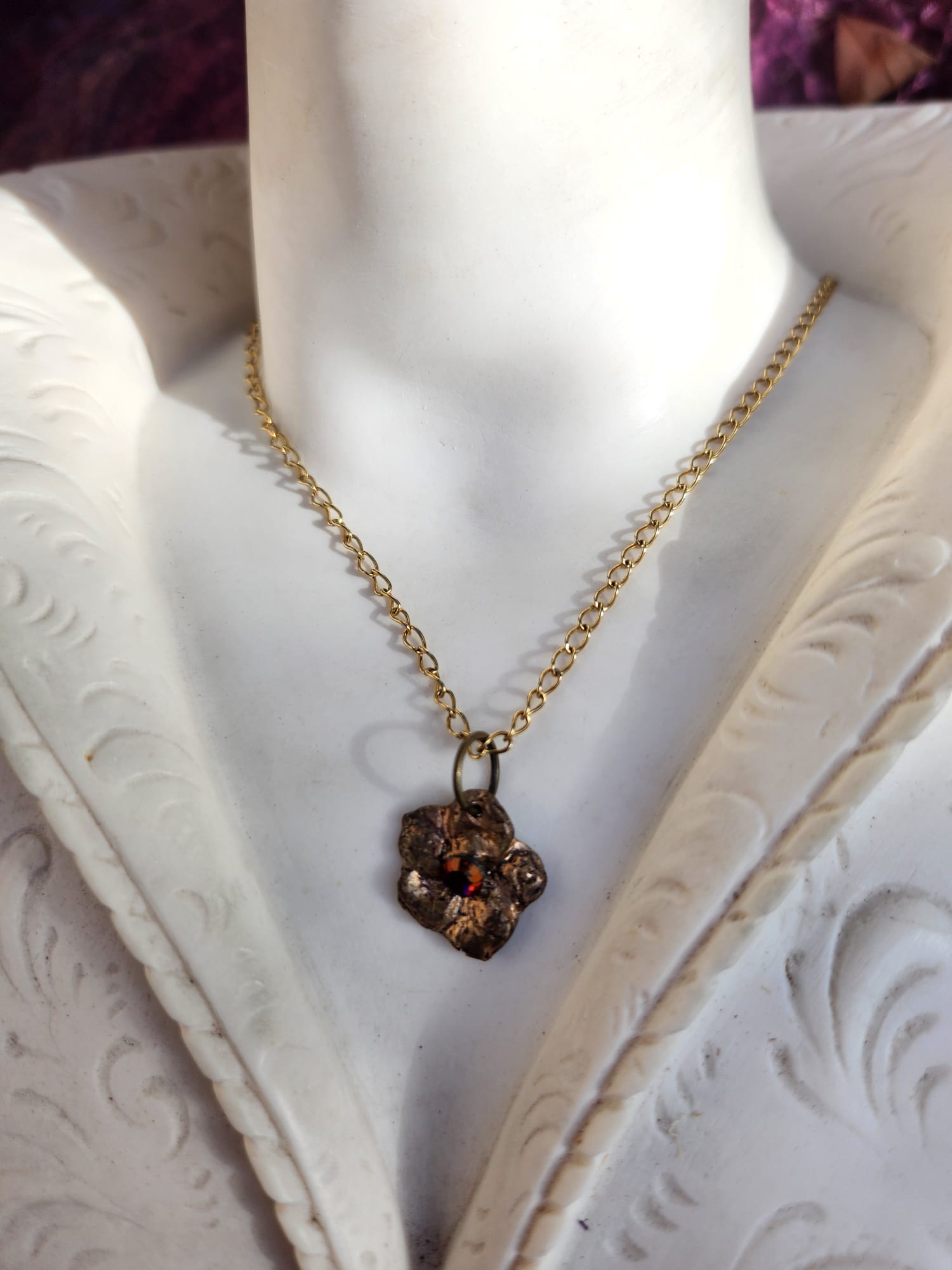 Flower Pendant Necklace – Bronze Cherry Blossom with Volcano Crystal – Romantic Nature Jewelry – Handmade for Her