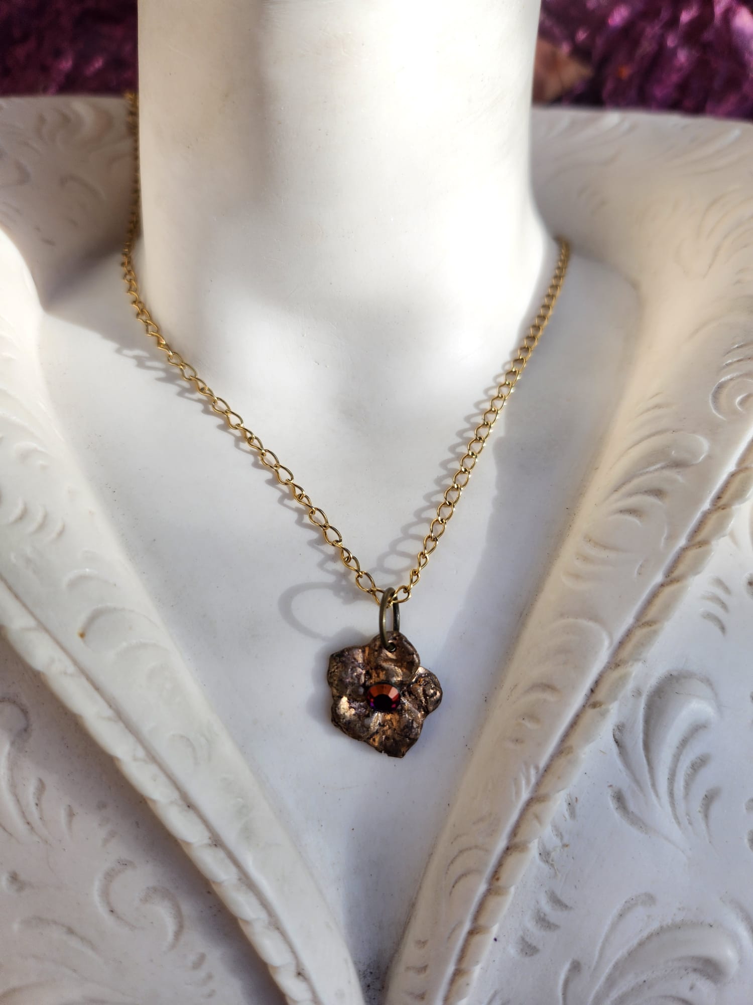 Flower Pendant Necklace – Bronze Cherry Blossom with Volcano Crystal – Romantic Nature Jewelry – Handmade for Her