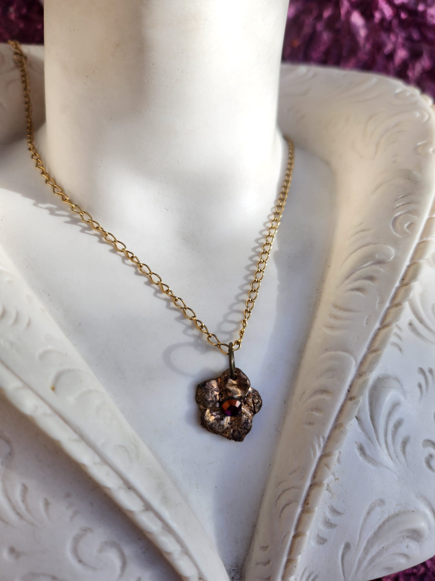 Flower Pendant Necklace – Bronze Cherry Blossom with Volcano Crystal – Romantic Nature Jewelry – Handmade for Her