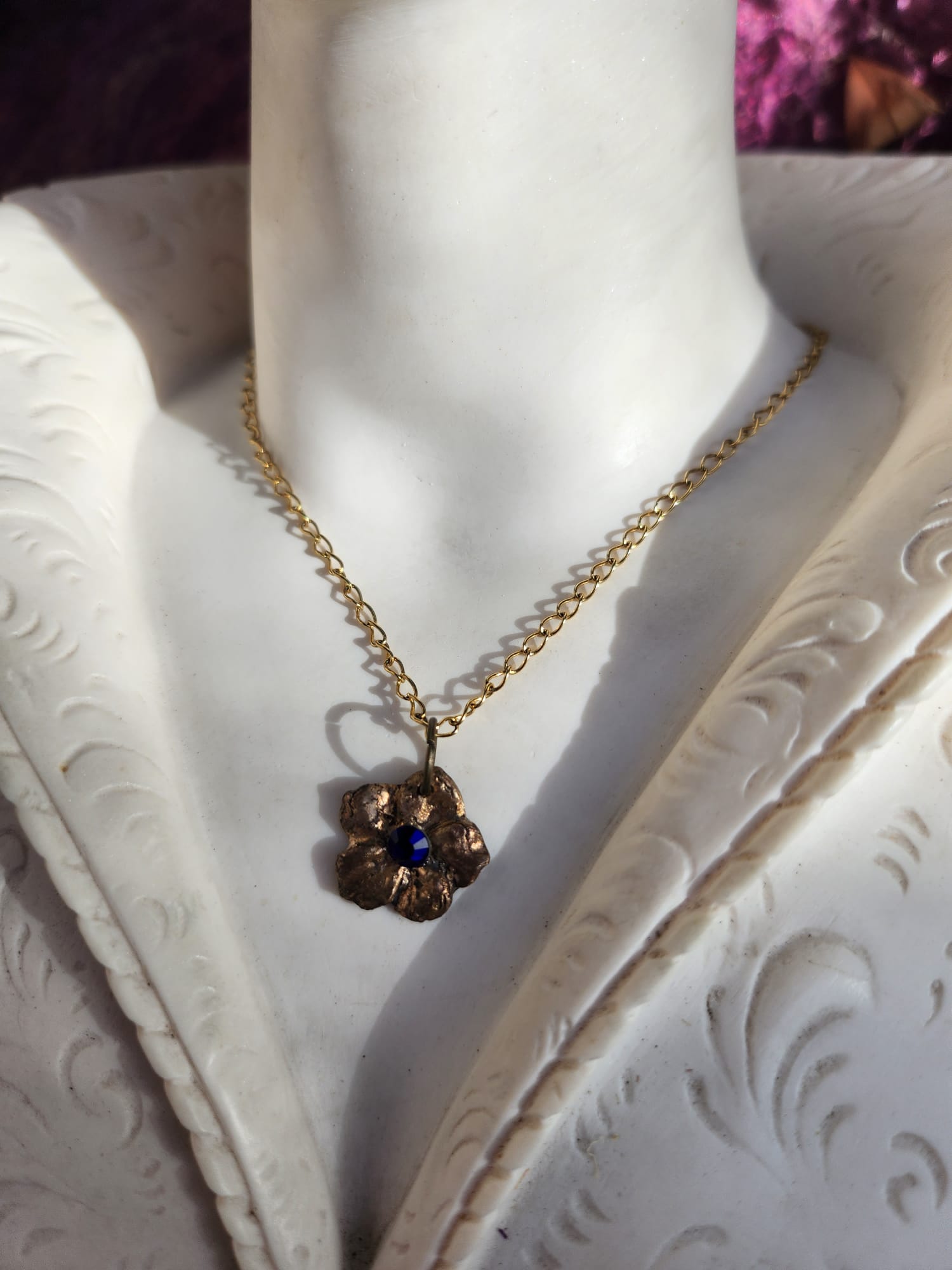 Flower Pendant Necklace – Bronze Cherry Blossom with Royal Blue Crystal – Romantic Nature Jewelry – Handmade Gift for Her