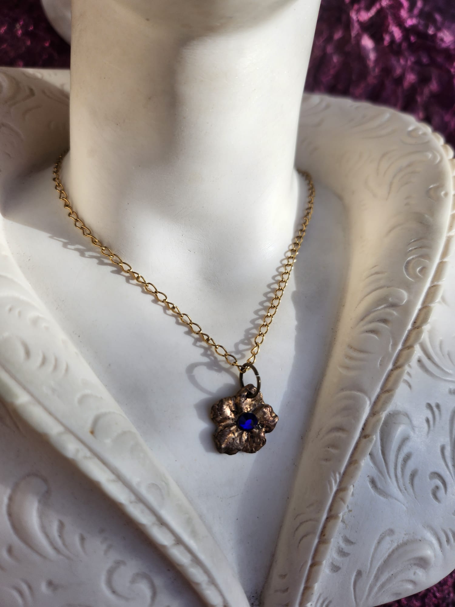 Flower Pendant Necklace – Bronze Cherry Blossom with Royal Blue Crystal – Romantic Nature Jewelry – Handmade Gift for Her