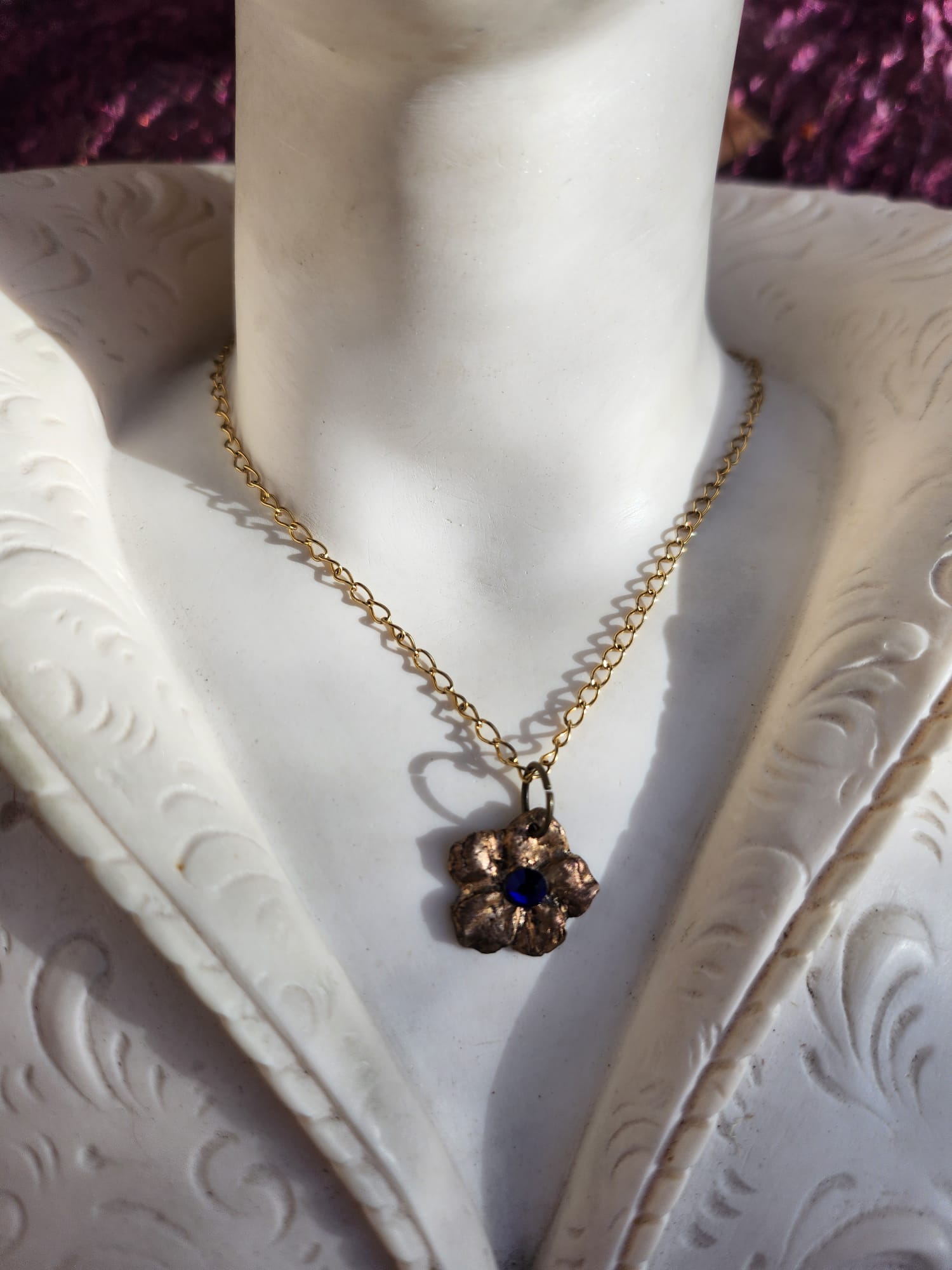 Flower Pendant Necklace – Bronze Cherry Blossom with Royal Blue Crystal – Romantic Nature Jewelry – Handmade Gift for Her