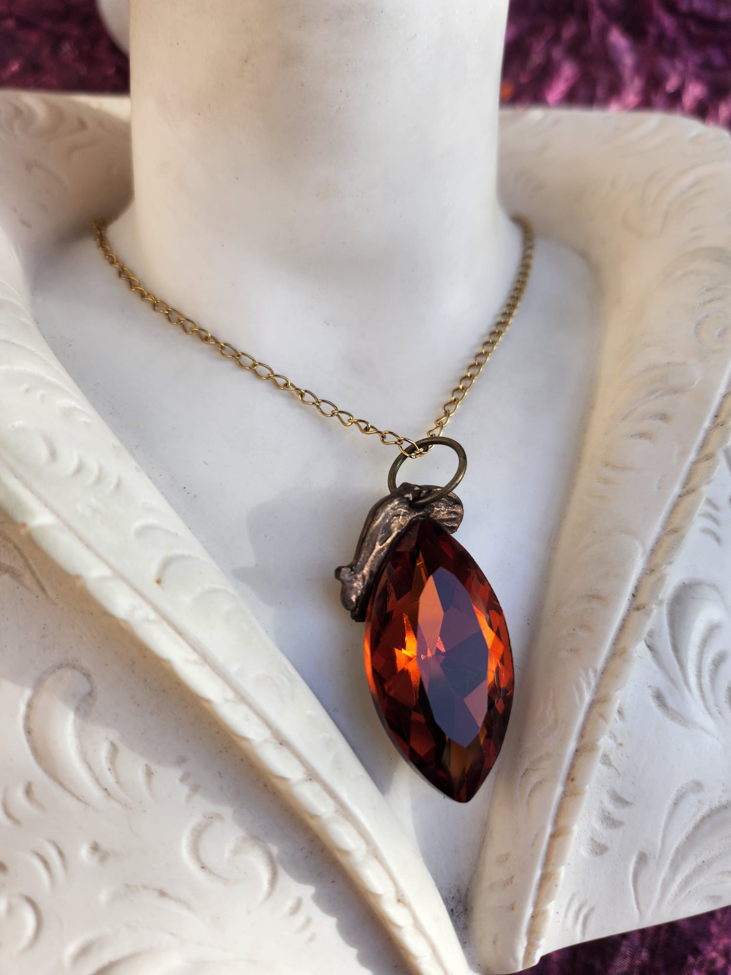Mystic Marquise Pendant – Amber Crystal Bronze Necklace – Autumn Witchcore Jewelry