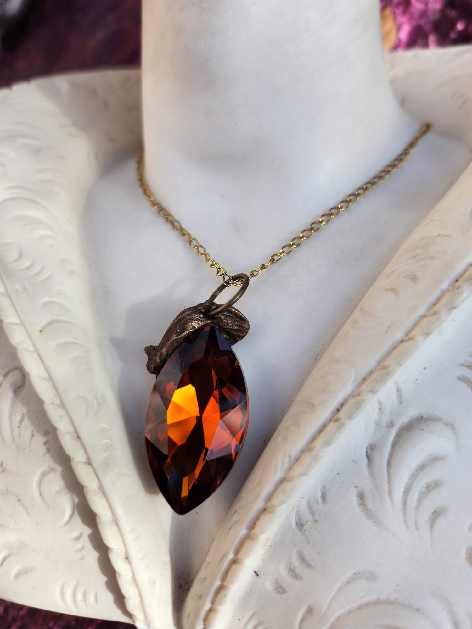 Mystic Marquise Pendant – Amber Crystal Bronze Necklace – Autumn Witchcore Jewelry