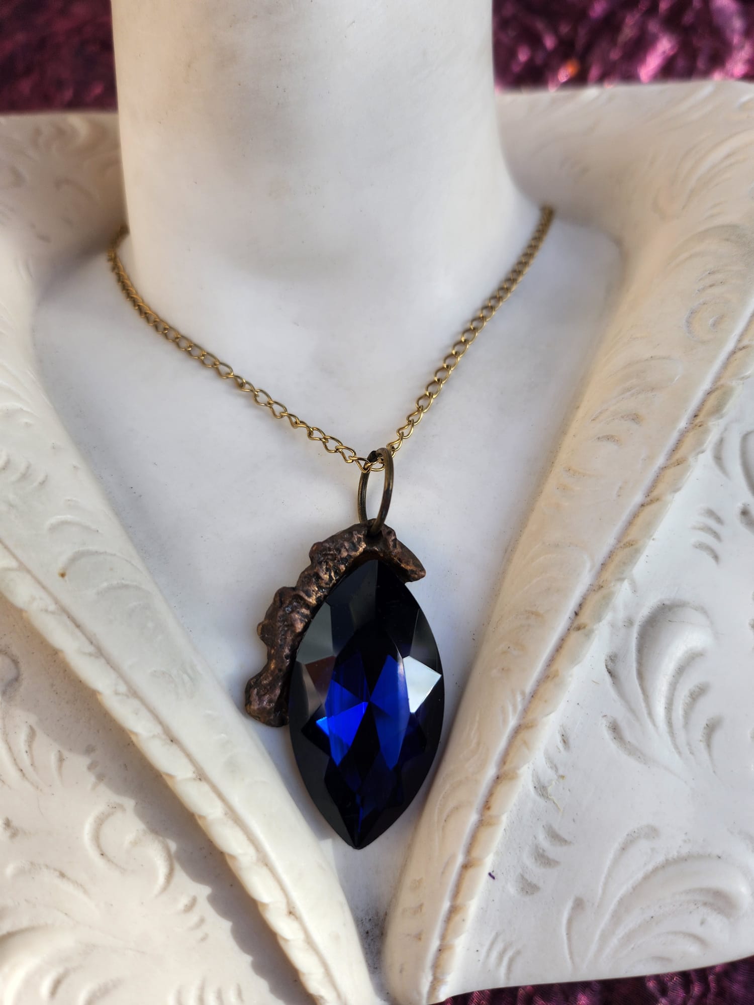Mystic Marquise Pendant – Deep Blue Crystal Bronze Necklace – Dark Fantasy Witchy Jewelry