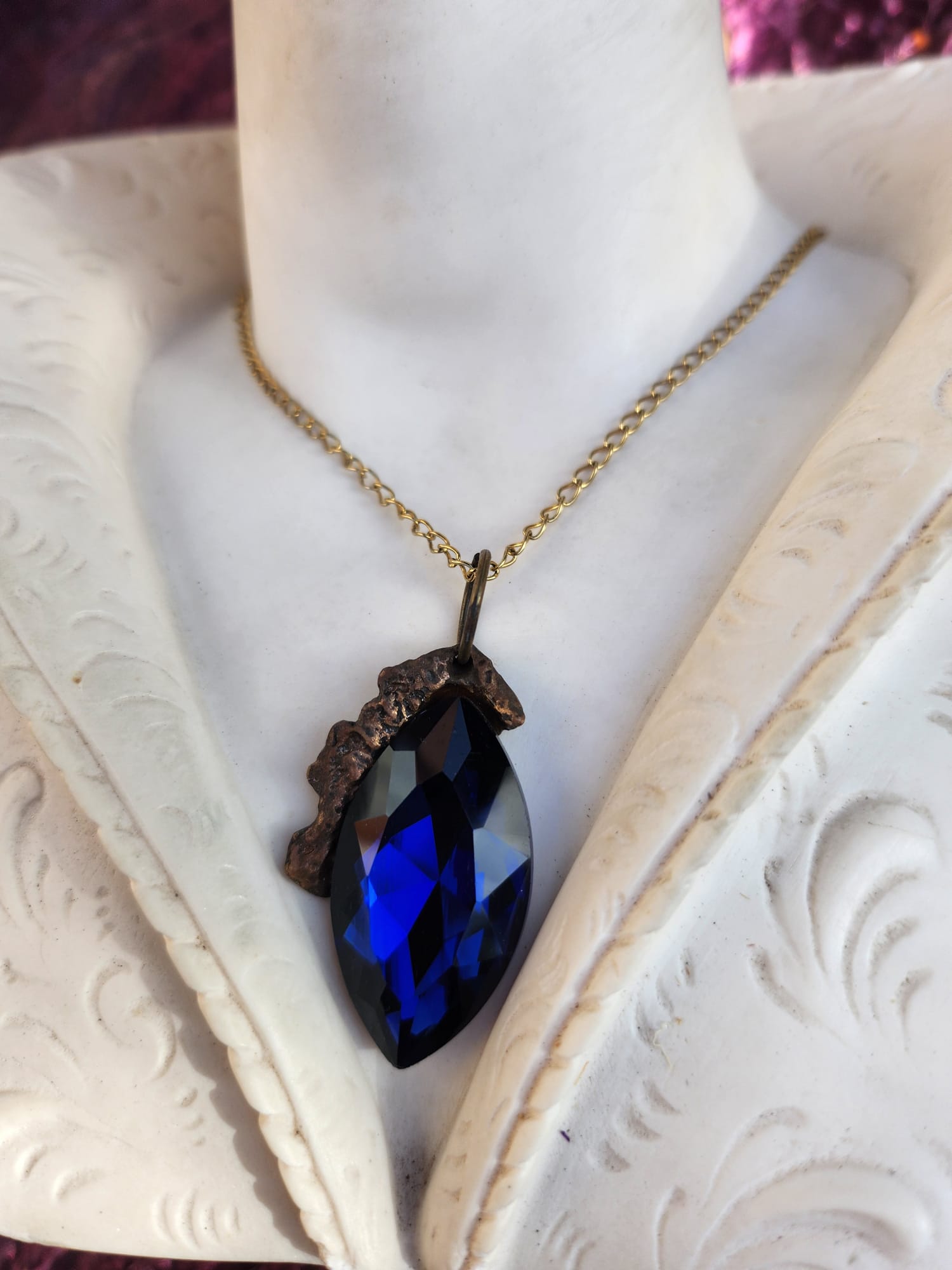 Mystic Marquise Pendant – Deep Blue Crystal Bronze Necklace – Dark Fantasy Witchy Jewelry