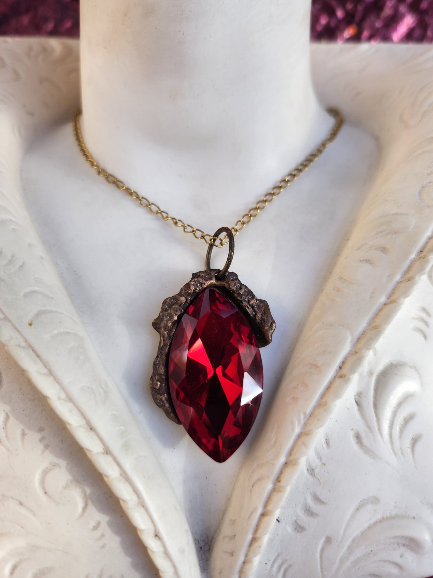 Mystic Marquise Pendant – Red Crystal Bronze Necklace – Passion Jewelry Gift
