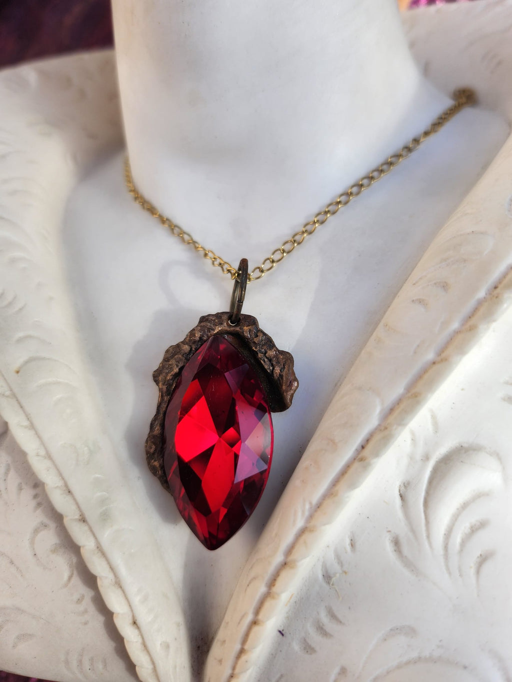 Mystic Marquise Pendant – Red Crystal Bronze Necklace – Passion Jewelry Gift