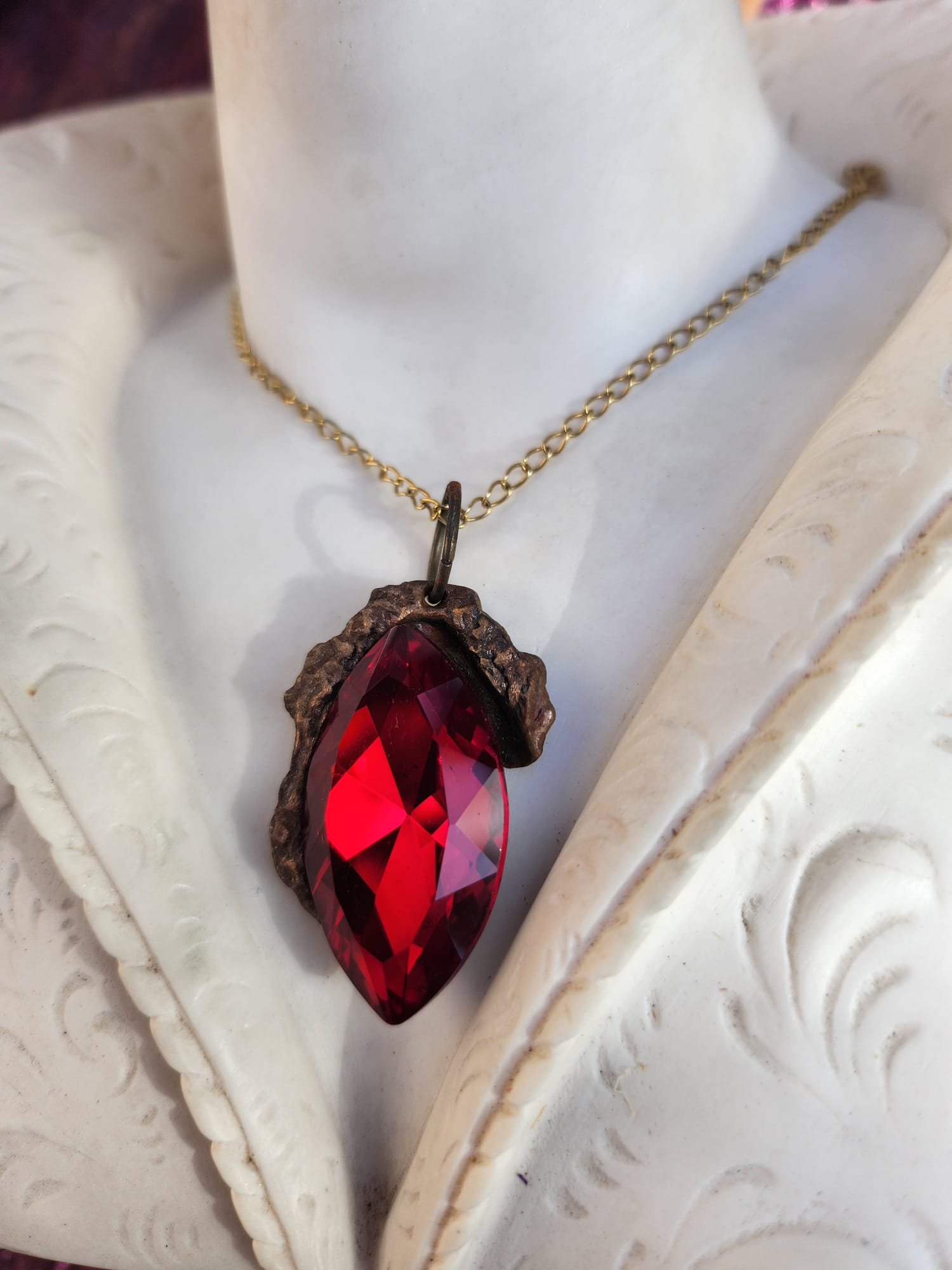 Mystic Marquise Pendant – Red Crystal Bronze Necklace – Passion Jewelry Gift