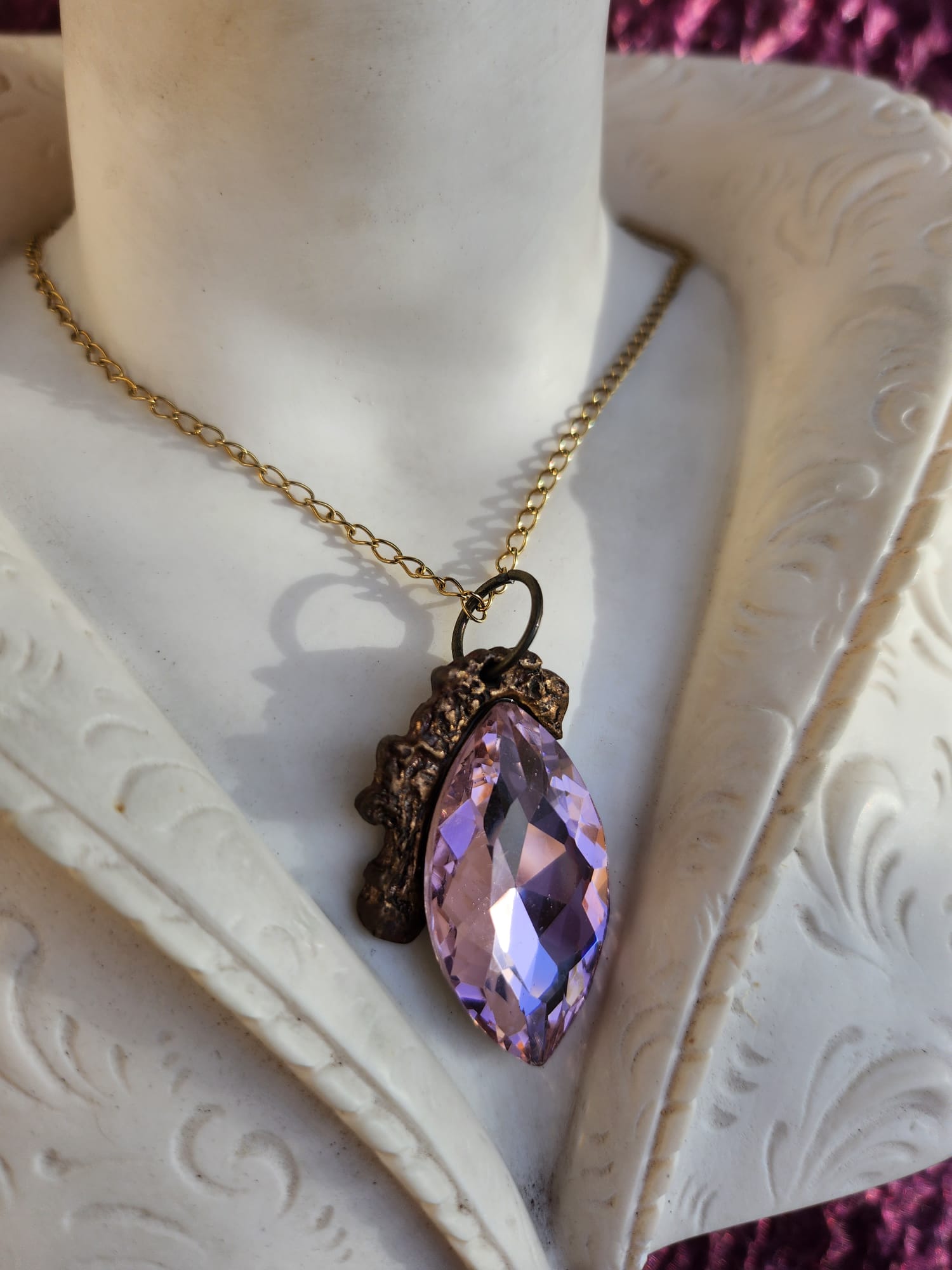 Mystic Marquise Pendant – Light Pink Crystal Bronze Necklace – Fairycore Romantic Jewelry Gift