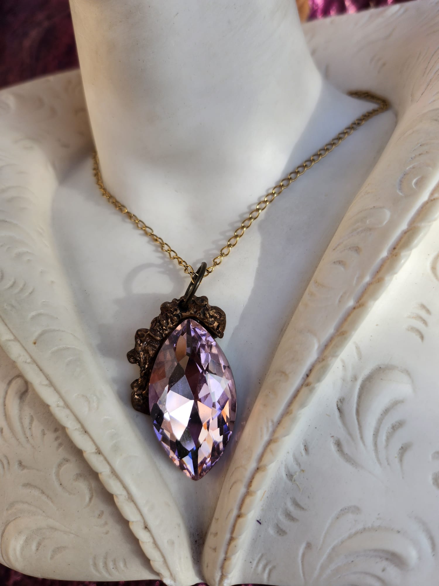 Mystic Marquise Pendant – Light Pink Crystal Bronze Necklace – Fairycore Romantic Jewelry Gift
