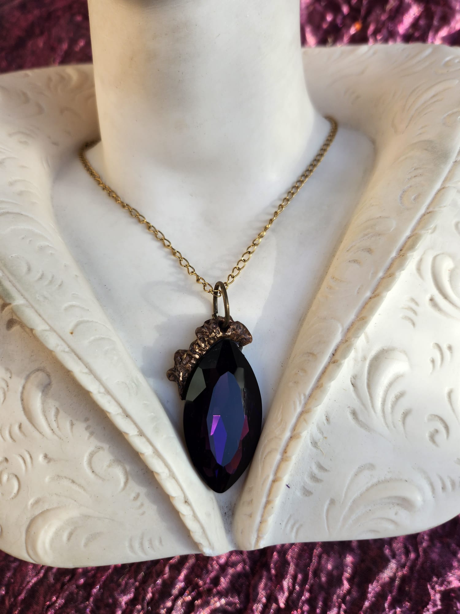 Mystic Marquise Pendant – Purple Crystal Bronze Necklace – Enchanted Witchcore Jewelry