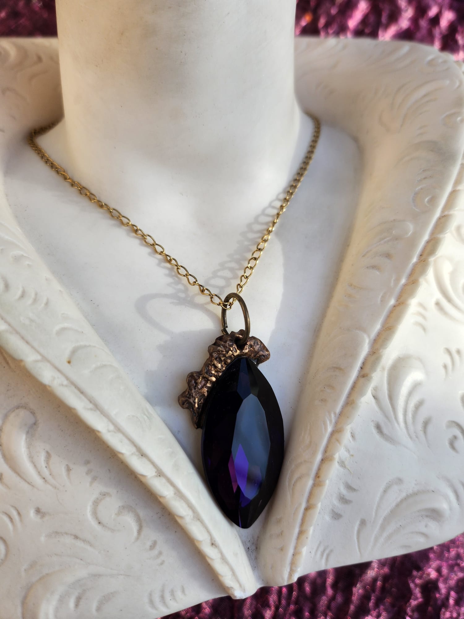Mystic Marquise Pendant – Purple Crystal Bronze Necklace – Enchanted Witchcore Jewelry