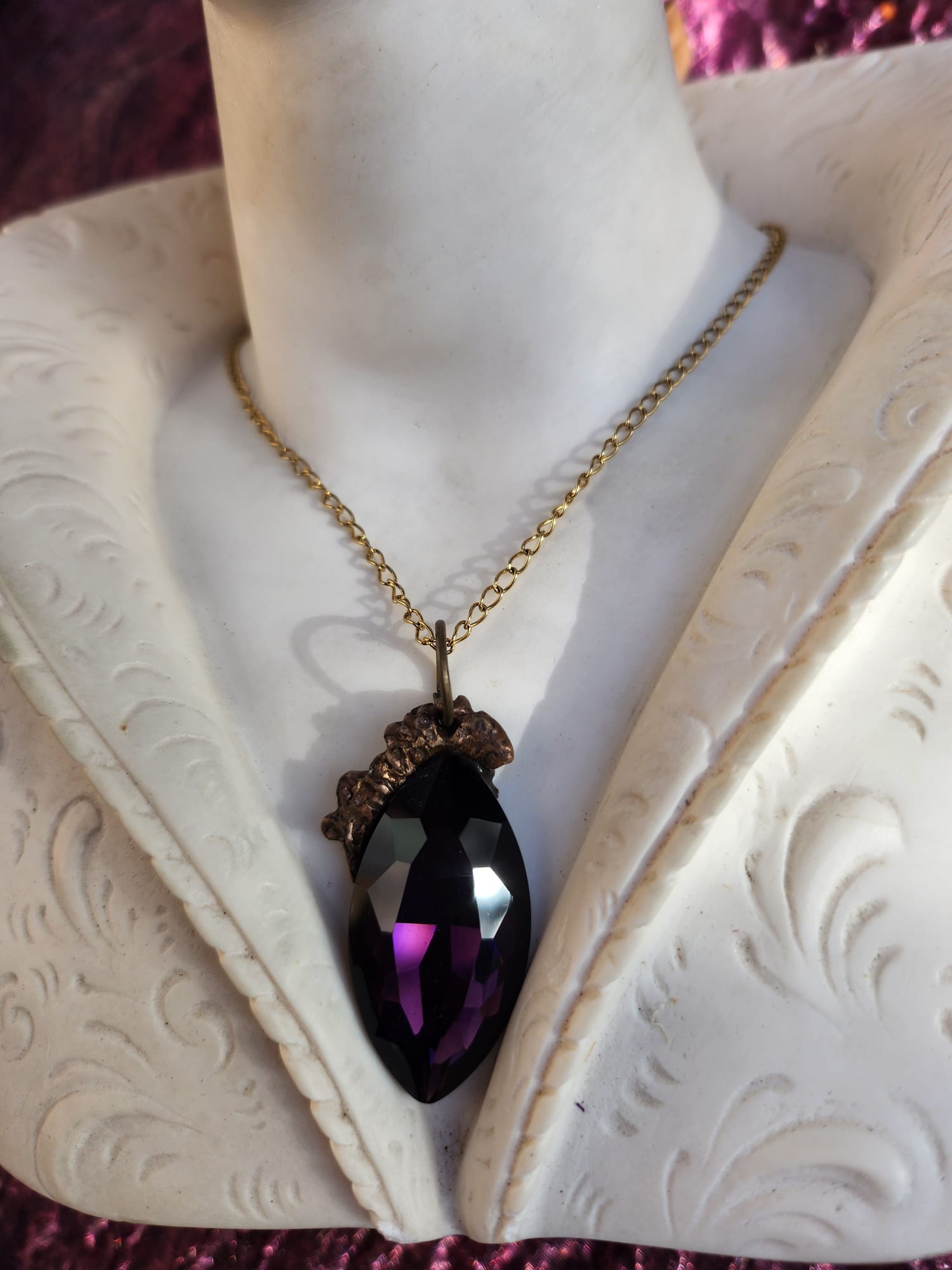 Mystic Marquise Pendant – Purple Crystal Bronze Necklace – Enchanted Witchcore Jewelry