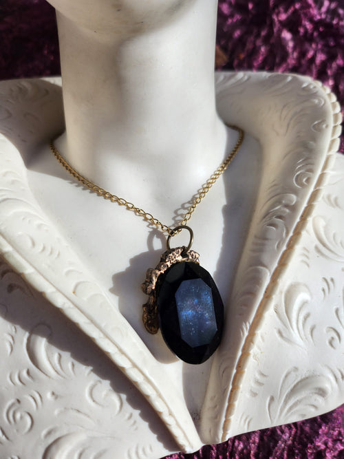 Amethyst Flame Pendant – Deep Purple Bronze Necklace – Vintage Enchanted Jewelry - Handmade Oval Pendant – Colorful Fairycore Charm