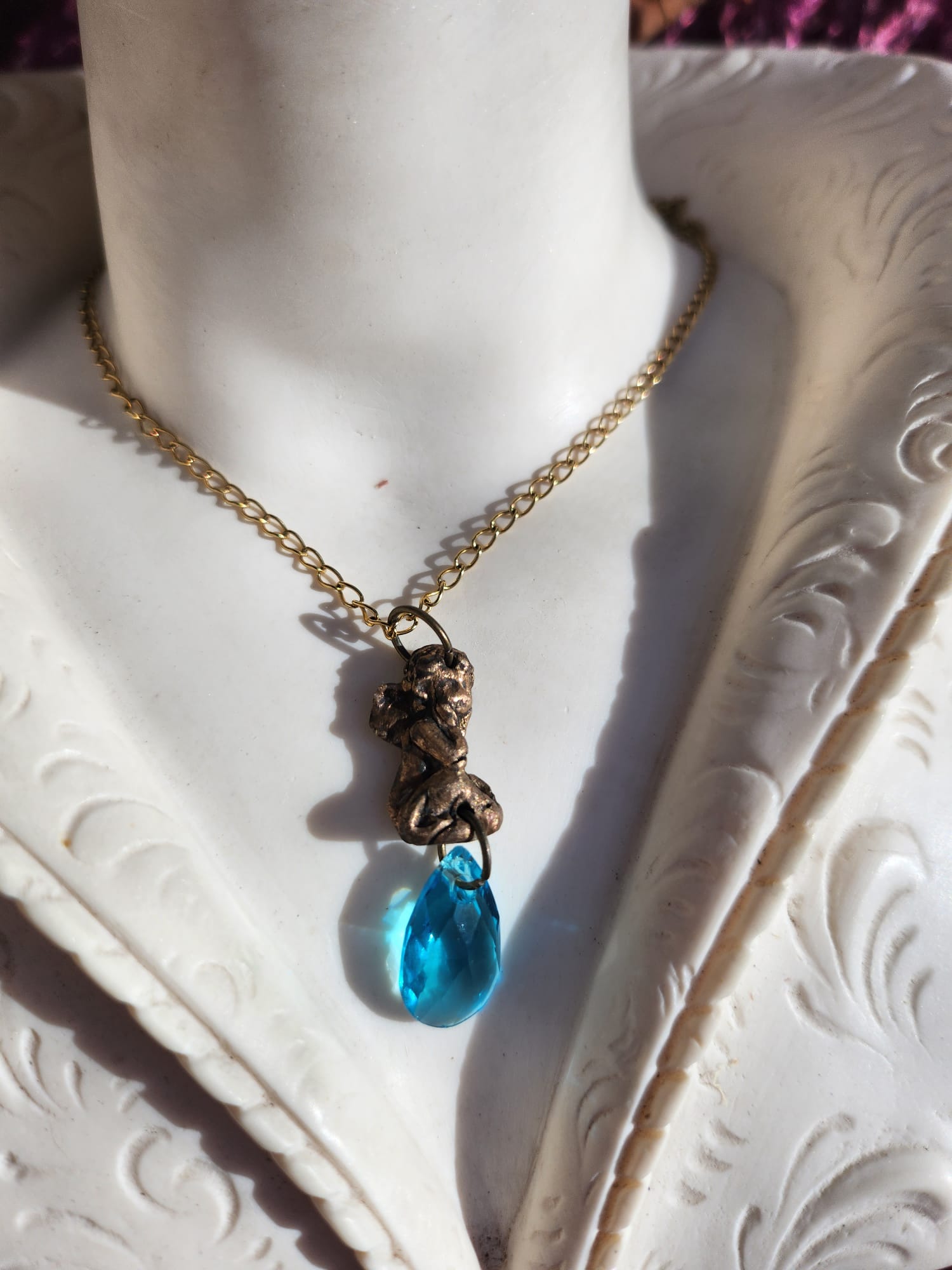 Echoes of Heaven – Bronze Angel Pendant with Sky Blue Crystal – Angelcore Gift – Celestial Spiritual Charm – Guardian Angel Necklace