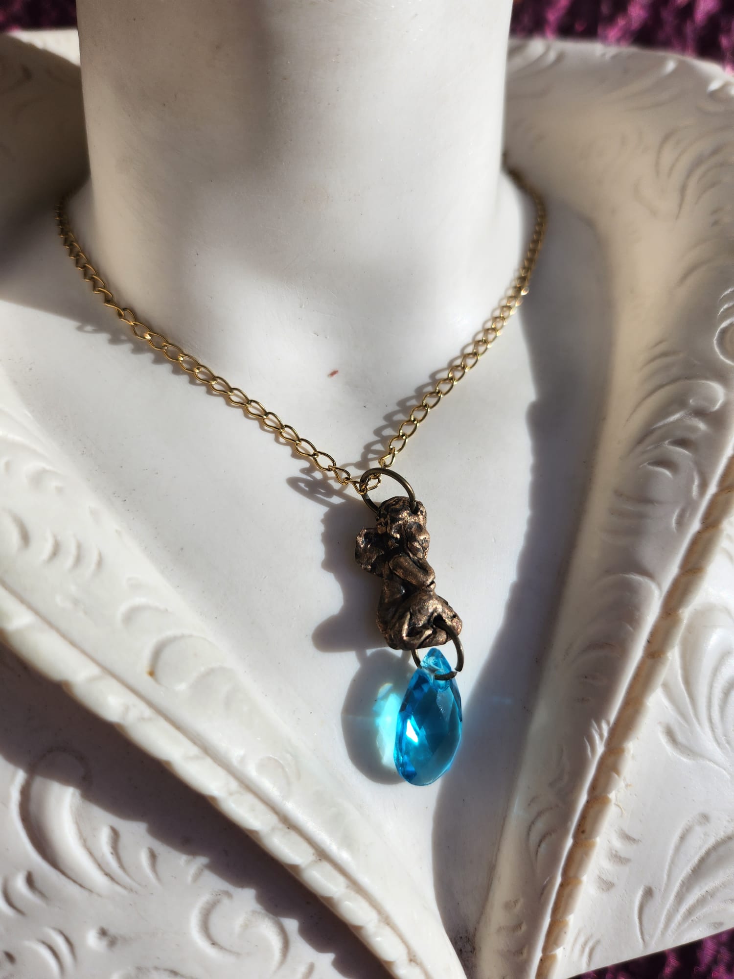 Echoes of Heaven – Bronze Angel Pendant with Sky Blue Crystal – Angelcore Gift – Celestial Spiritual Charm – Guardian Angel Necklace