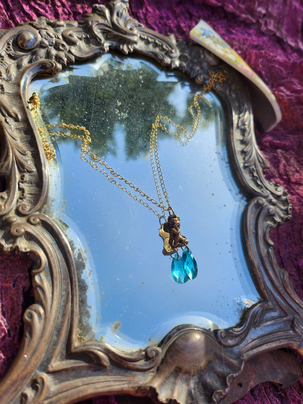 Echoes of Heaven – Bronze Angel Pendant with Sky Blue Crystal – Angelcore Gift – Celestial Spiritual Charm – Guardian Angel Necklace