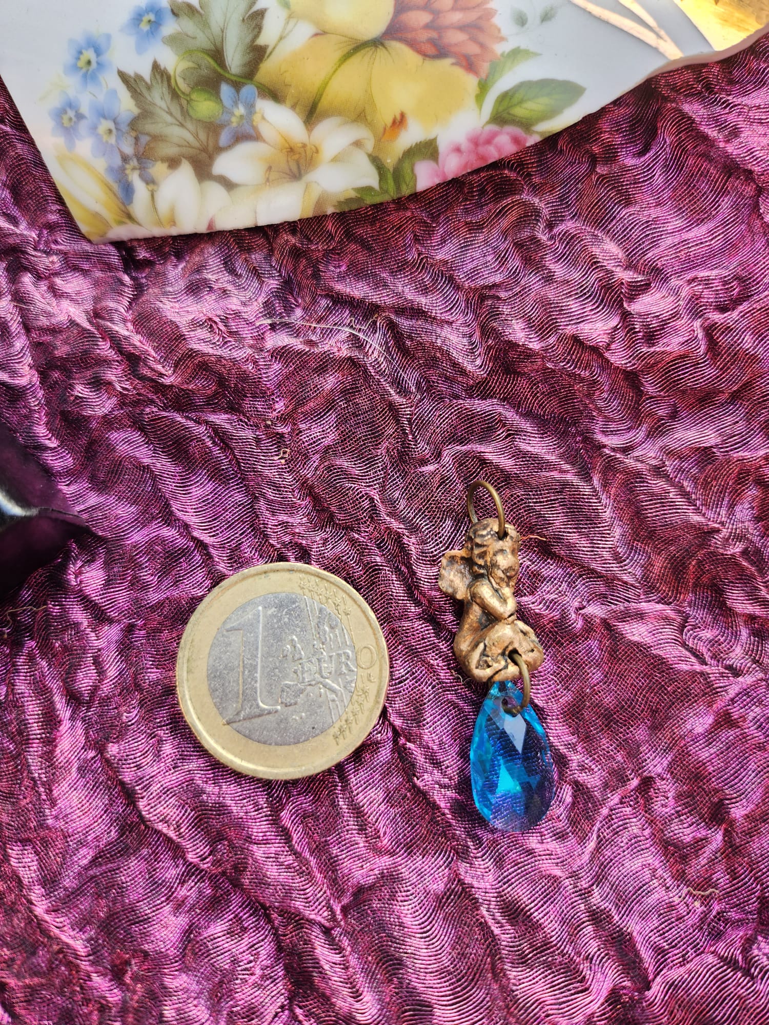 Echoes of Heaven Collection - Handmade Bronze Angel Pendant with Sky Blue Crystal