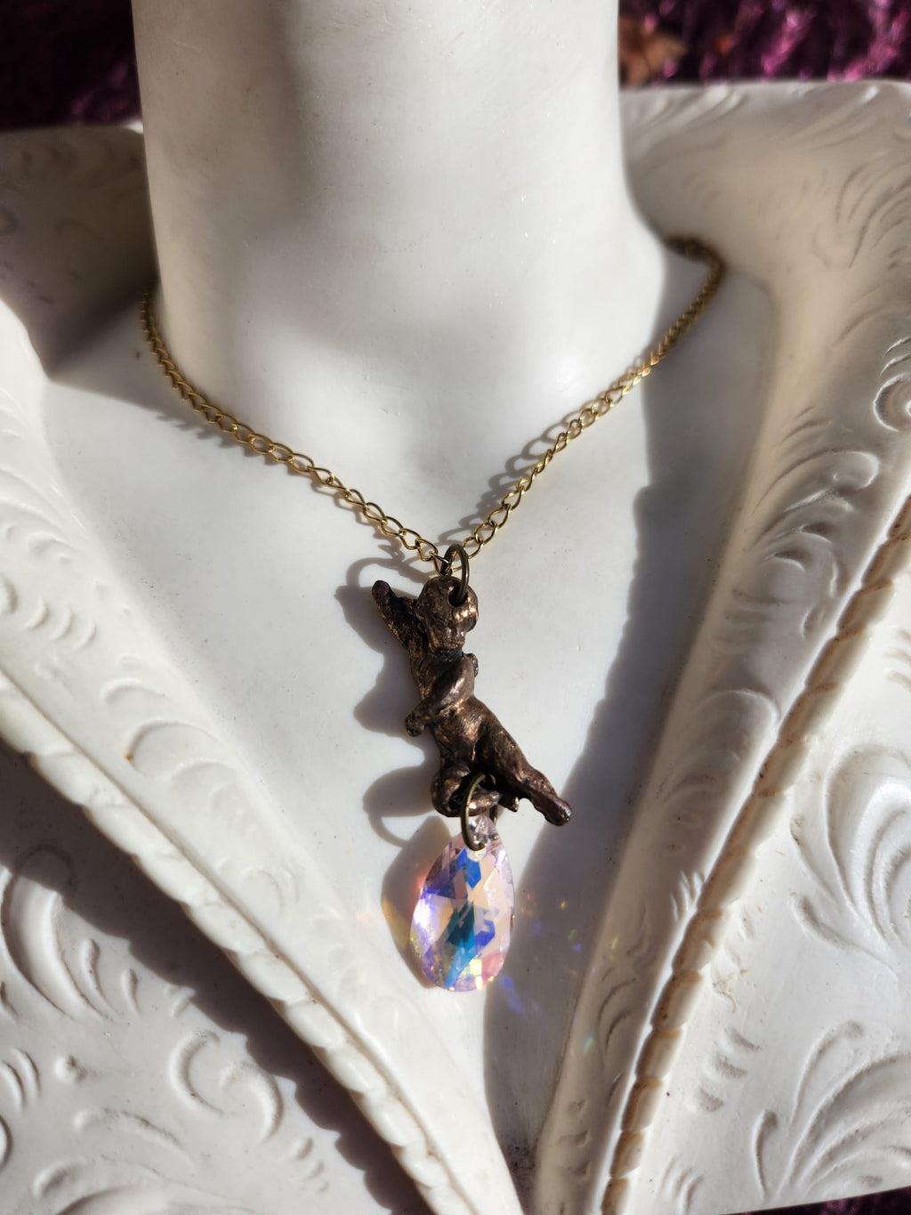 Echoes of Heaven – Bronze Angel Pendant with Aurora Crystal Drop - Angelcore Gift – Celestial Spiritual Charm - Guardian Angel Necklace