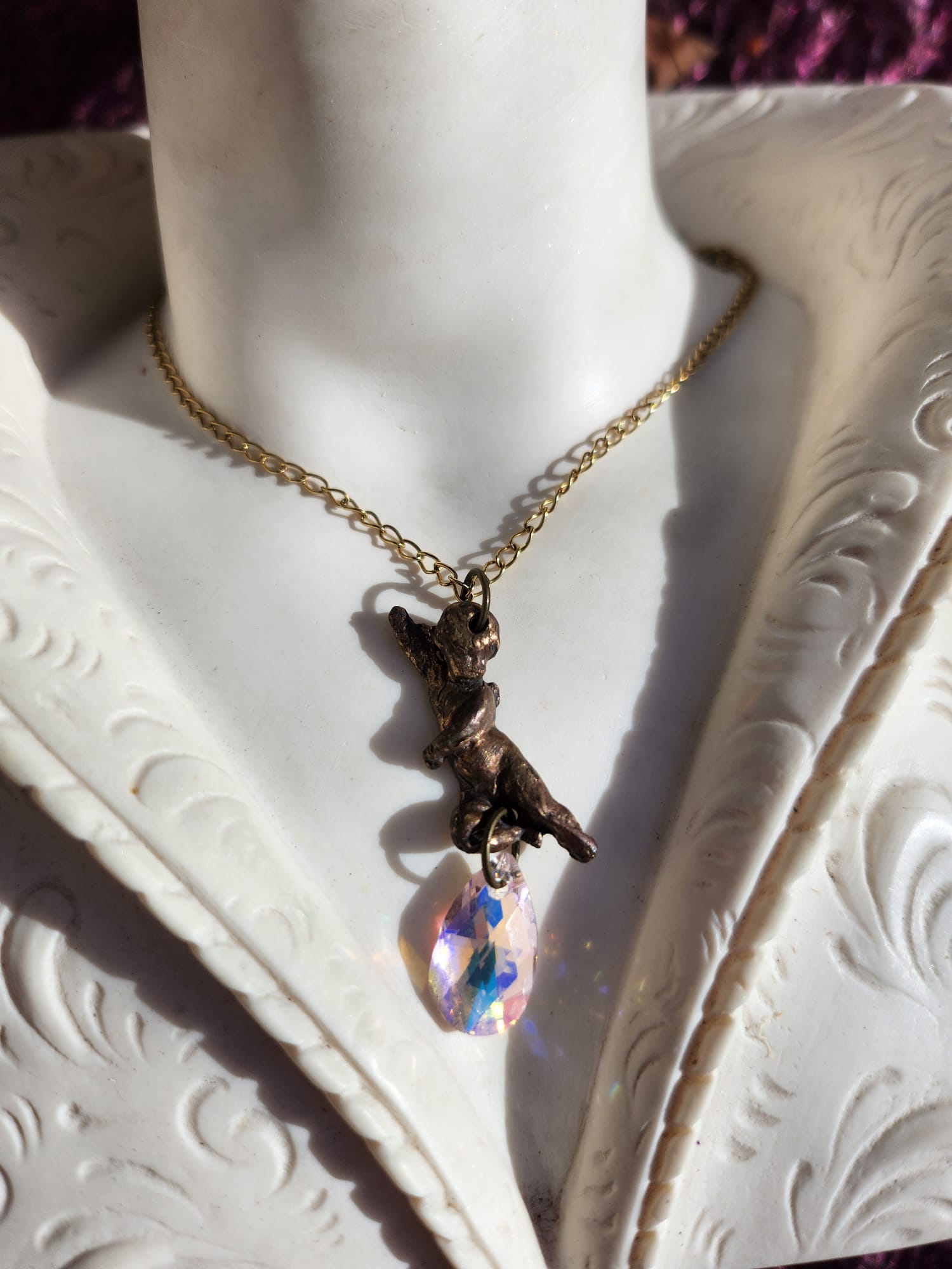 Echoes of Heaven – Bronze Angel Pendant with Aurora Crystal Drop - Angelcore Gift – Celestial Spiritual Charm - Guardian Angel Necklace