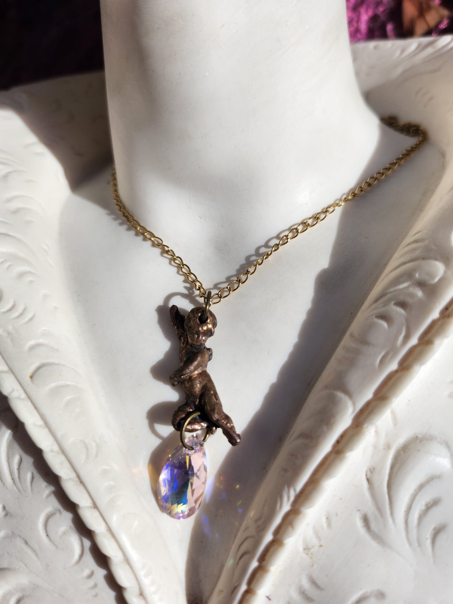 Echoes of Heaven – Bronze Angel Pendant with Aurora Crystal Drop - Angelcore Gift – Celestial Spiritual Charm - Guardian Angel Necklace