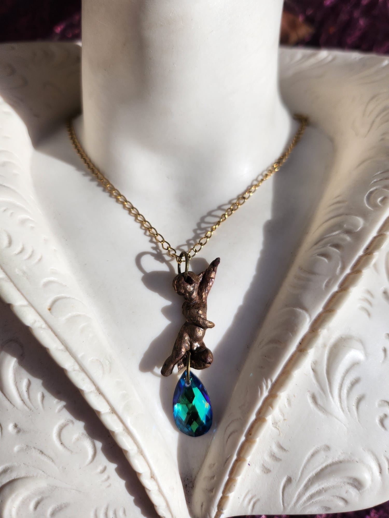 Echoes of Heaven - Bronze Angel Necklace with Emerald Aurora Crystal - Angelcore Gift – Celestial Spiritual Charm - Guardian Angel Necklace