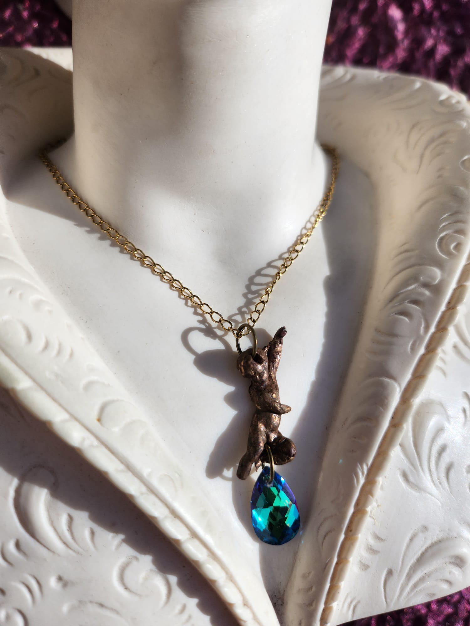 Echoes of Heaven - Bronze Angel Necklace with Emerald Aurora Crystal - Angelcore Gift – Celestial Spiritual Charm - Guardian Angel Necklace