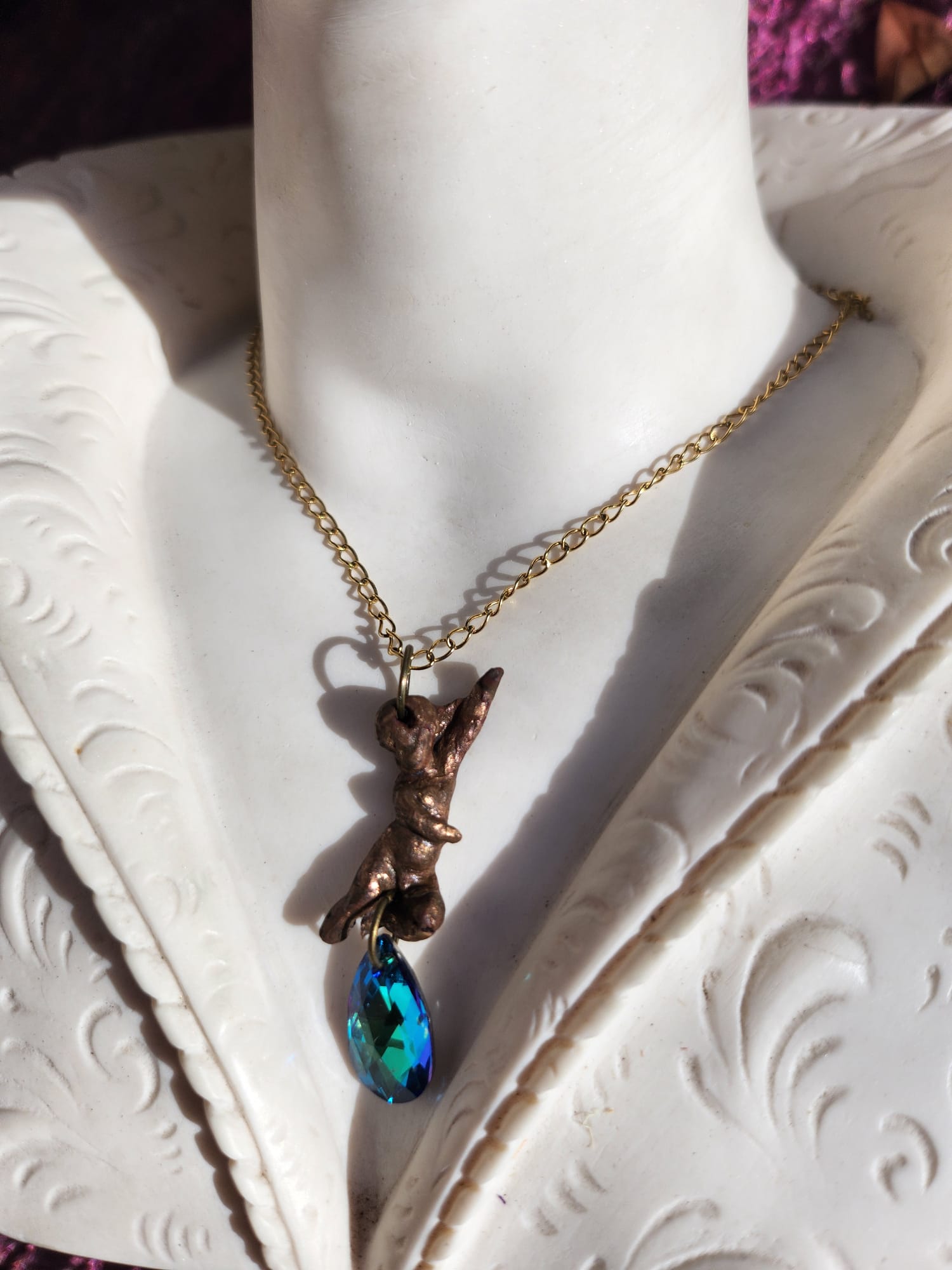 Echoes of Heaven - Bronze Angel Necklace with Emerald Aurora Crystal - Angelcore Gift – Celestial Spiritual Charm - Guardian Angel Necklace