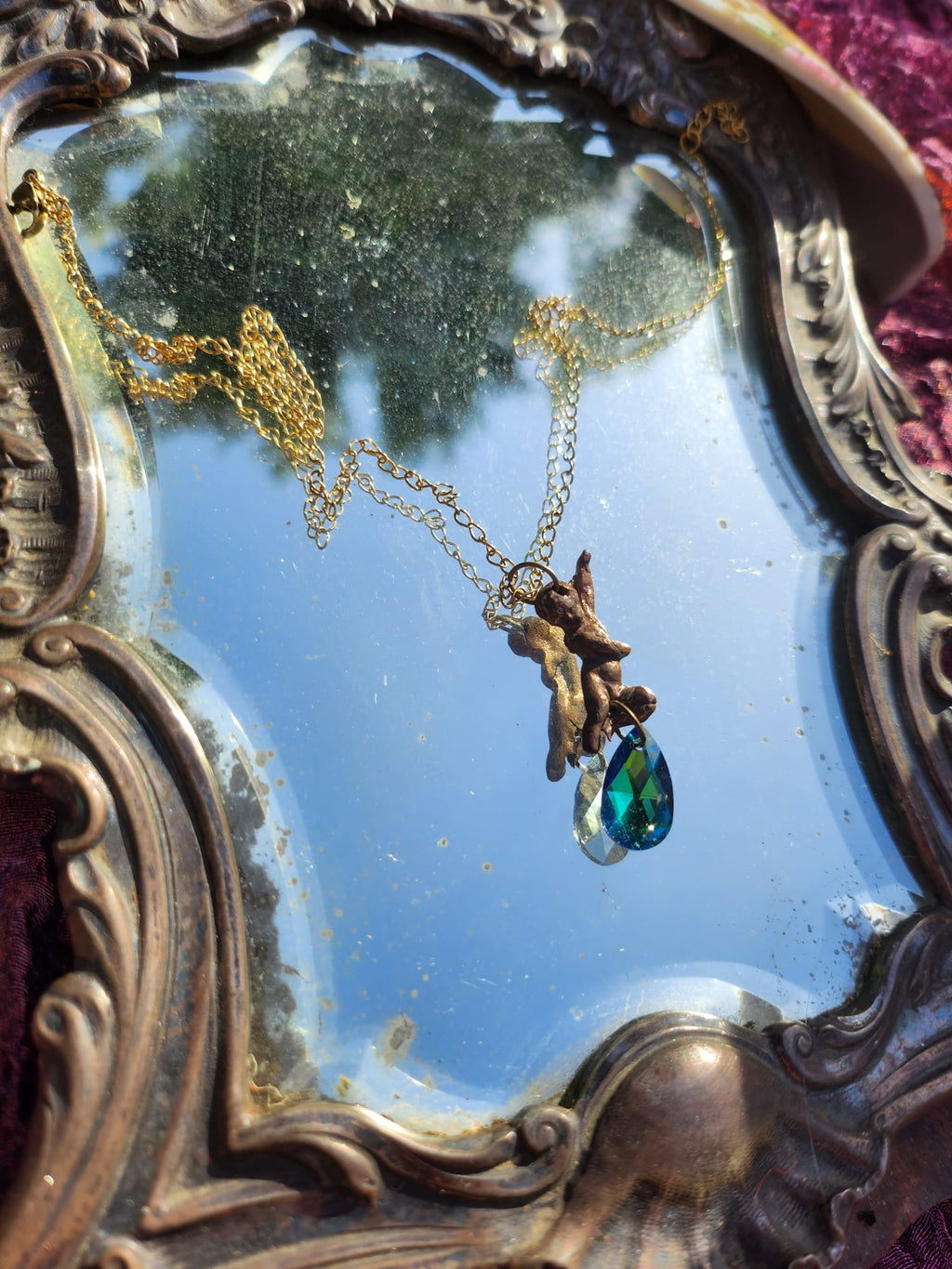 Echoes of Heaven - Bronze Angel Necklace with Emerald Aurora Crystal - Angelcore Gift – Celestial Spiritual Charm - Guardian Angel Necklace