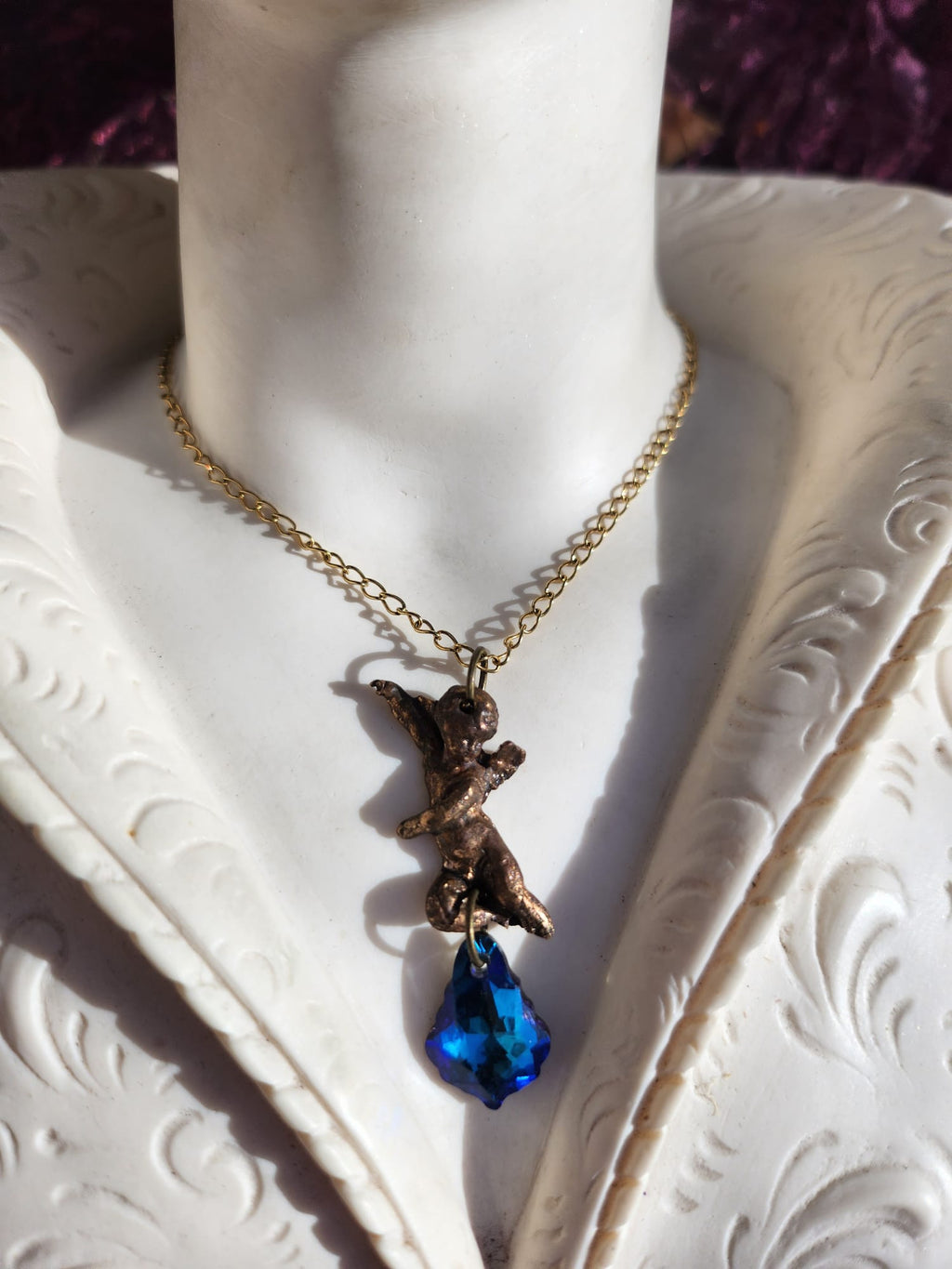Echoes of Heaven - Bronze Angel Necklace with Deep Sapphire Crystal - Angelcore Gift – Celestial Spiritual Charm - Guardian Angel Necklace