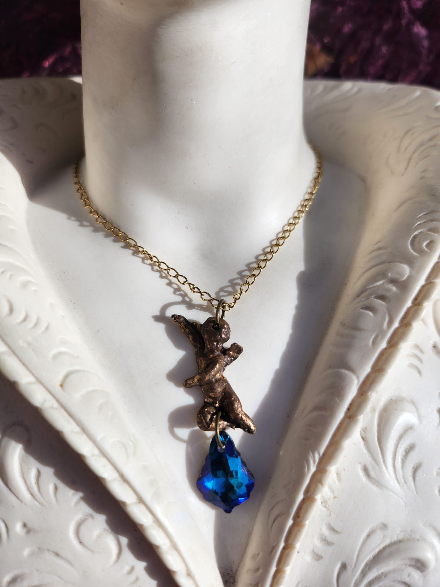 Echoes of Heaven - Bronze Angel Necklace with Deep Sapphire Crystal - Angelcore Gift – Celestial Spiritual Charm - Guardian Angel Necklace