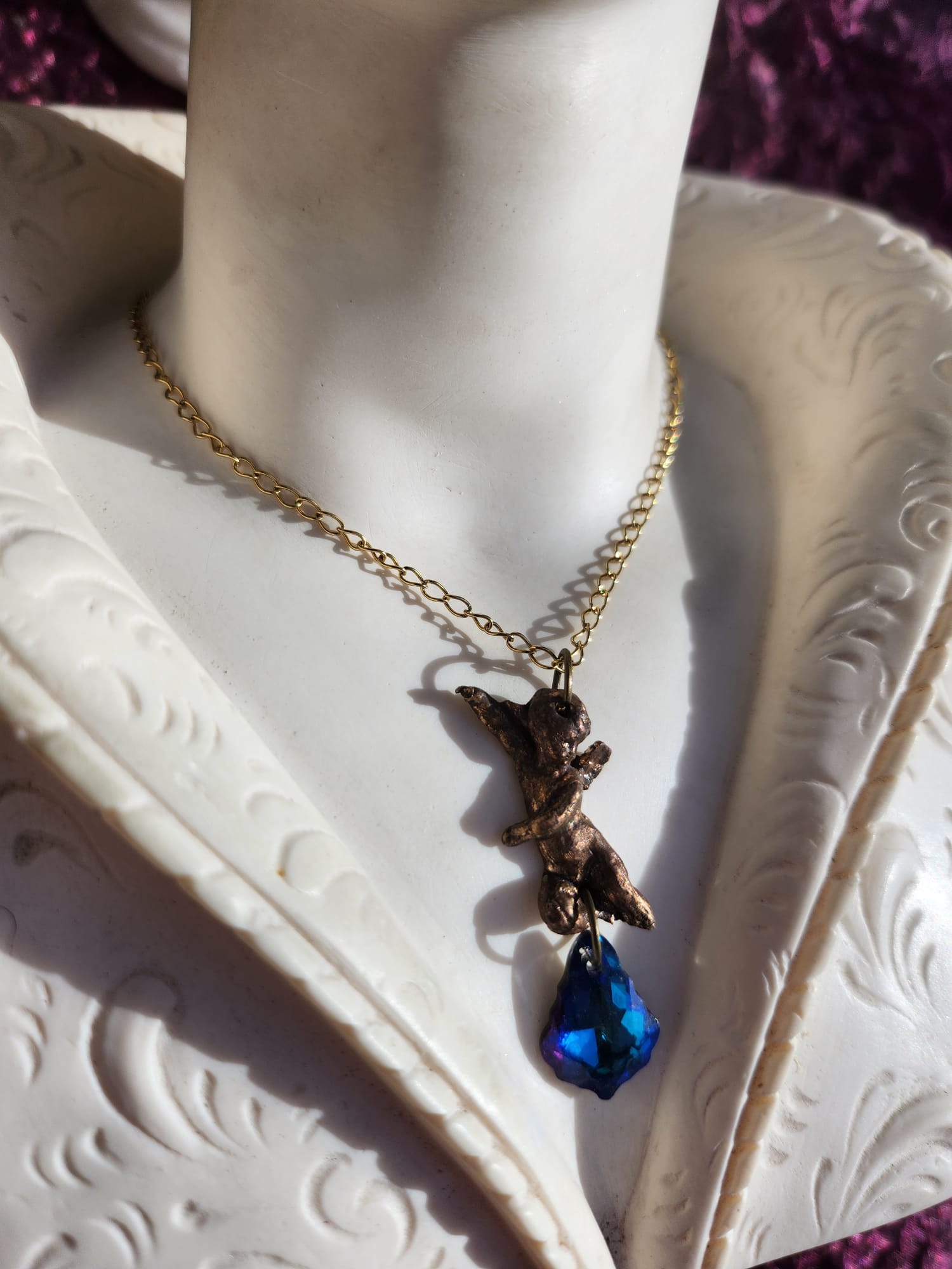 Echoes of Heaven - Bronze Angel Necklace with Deep Sapphire Crystal - Angelcore Gift – Celestial Spiritual Charm - Guardian Angel Necklace