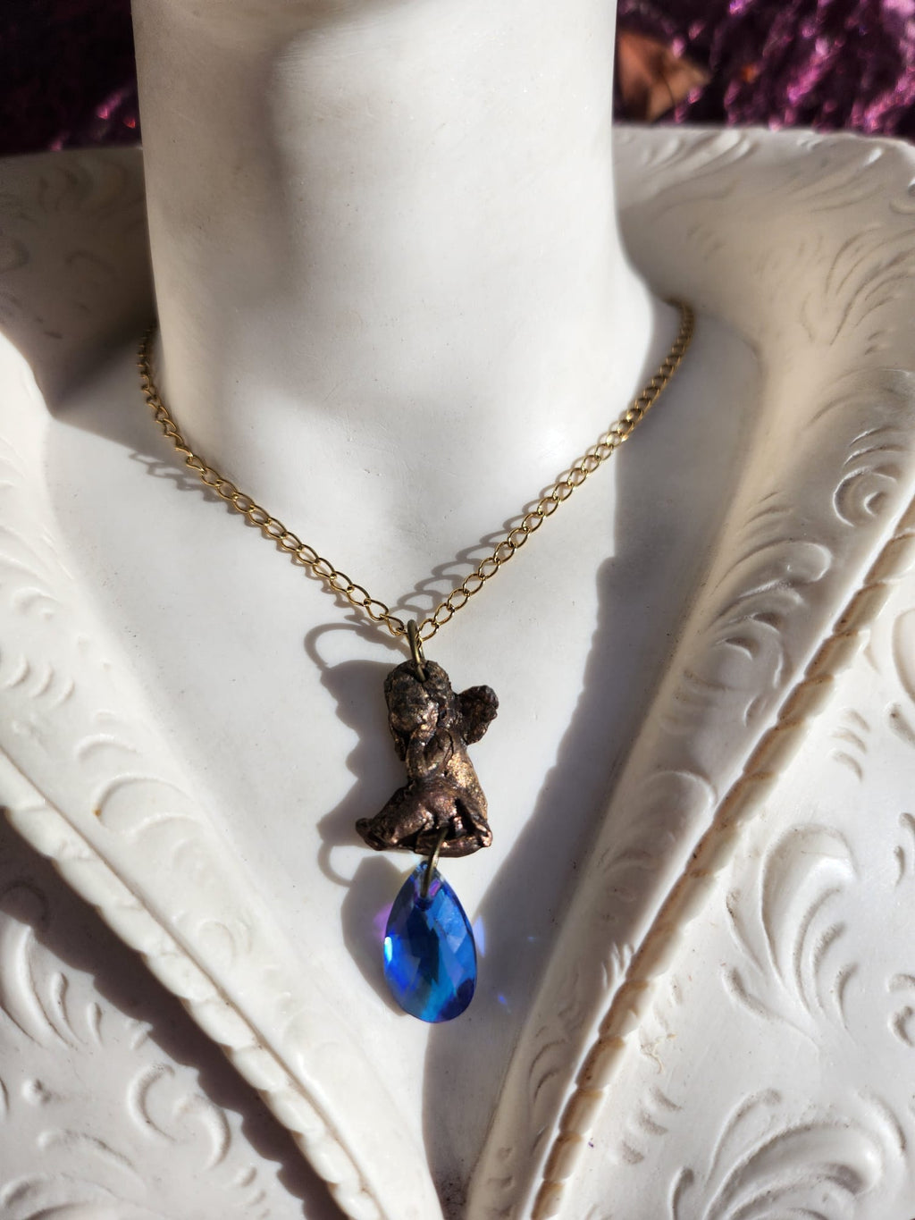 Echoes of Heaven - Angel in Bronze with Electric Blue Crystal Drop - Angelcore Gift – Celestial Spiritual Charm - Guardian Angel Necklace