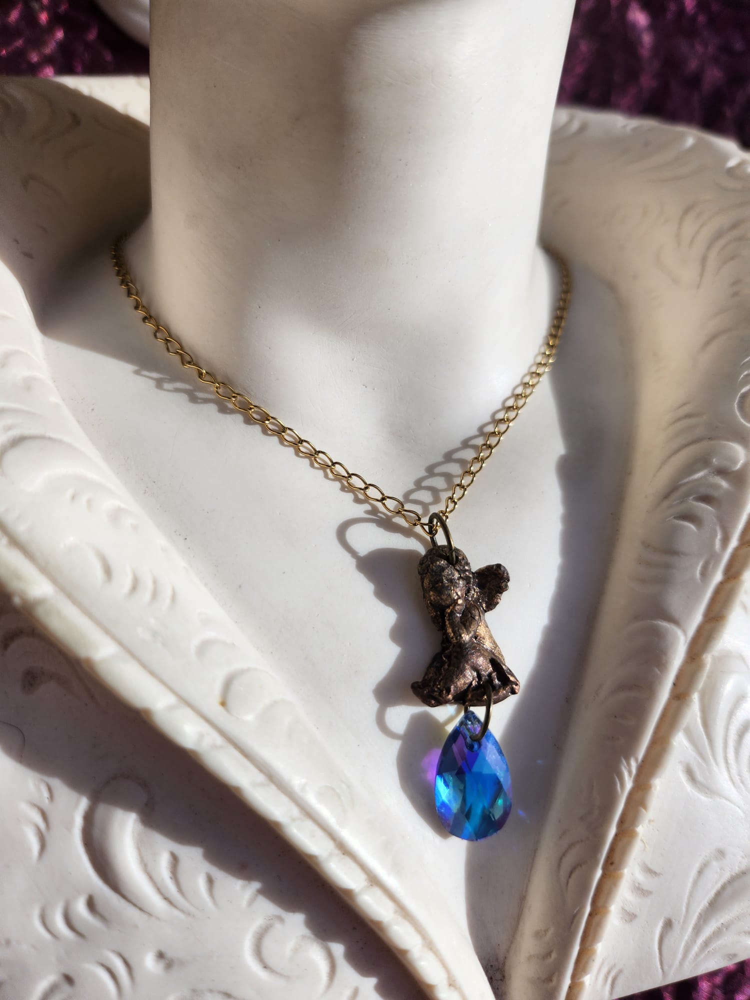 Echoes of Heaven - Angel in Bronze with Electric Blue Crystal Drop - Angelcore Gift – Celestial Spiritual Charm - Guardian Angel Necklace